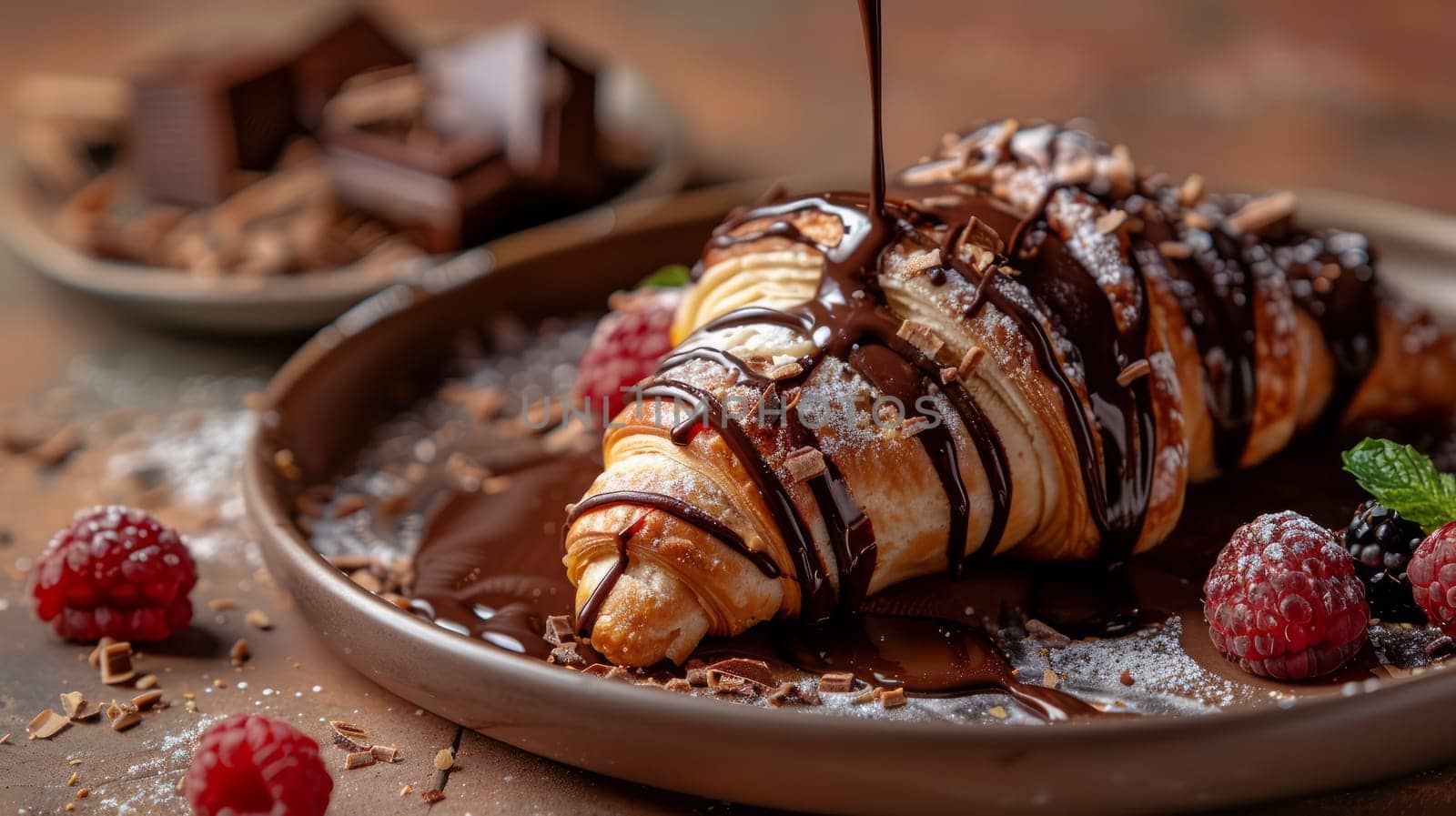 A dessert with chocolate drizzled on top of it and raspberries .