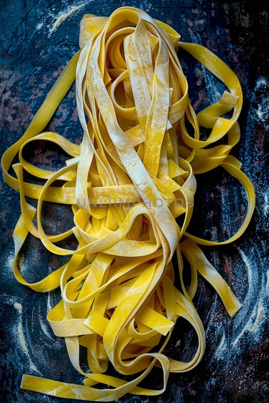 A bunch of freshly cut noodles and dough on the table with flour.