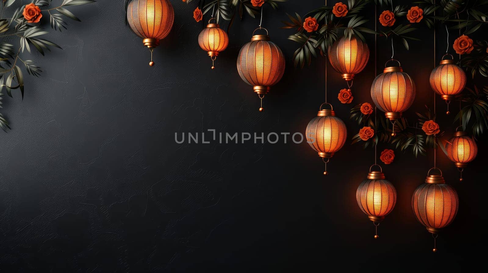 Lanterns hanging on a dark background with flowers with space for copying