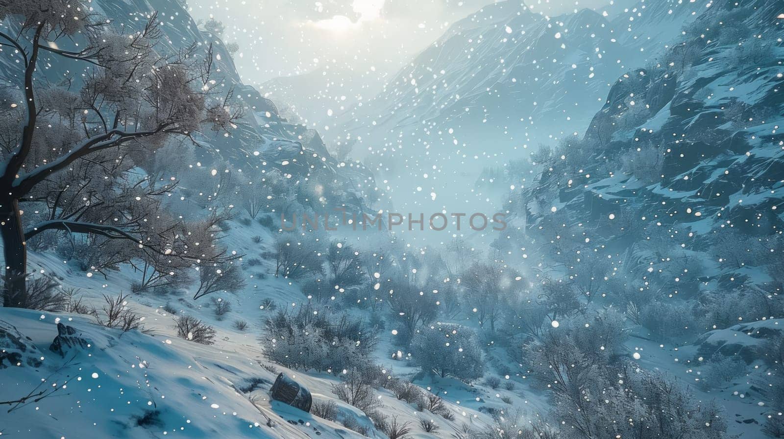 Snow covered mountain with trees and snowfall .