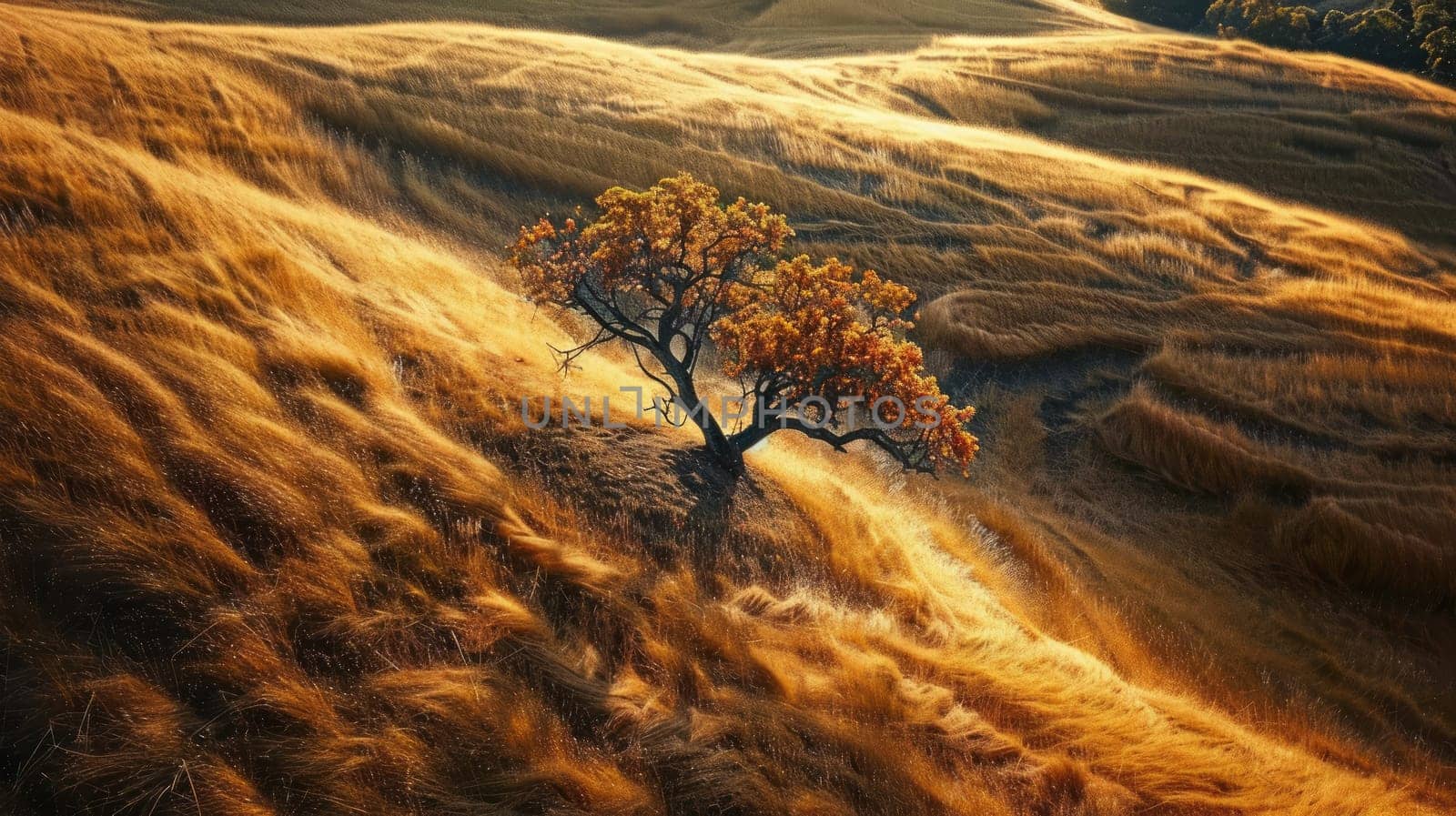 A lonely tree in a field with tall grass and weeds