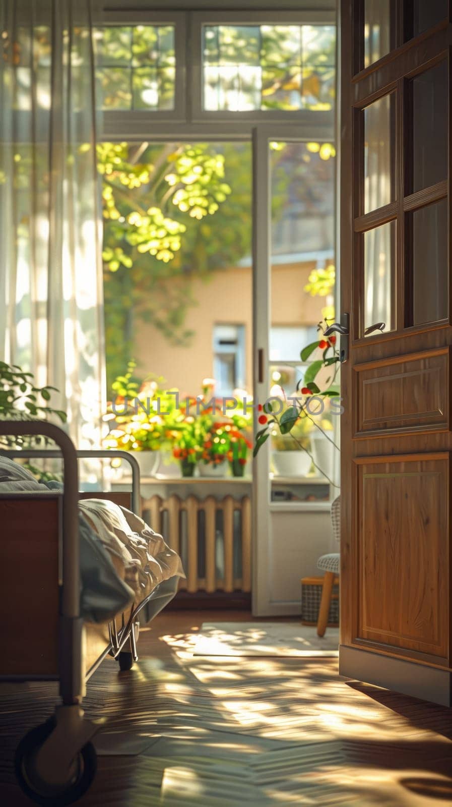 Bedroom with bed and plants on the window