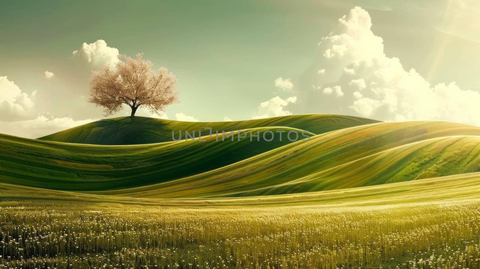 A lonely tree on a hillside in the middle of green grass.copy space