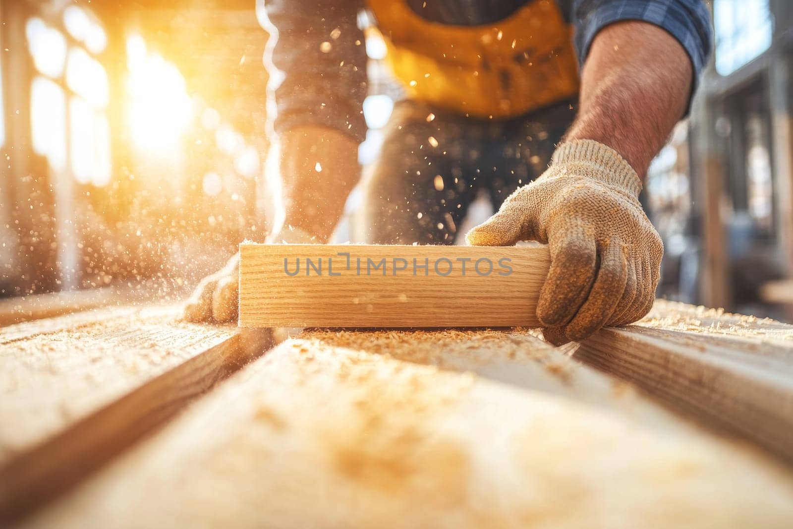Carpenter's hands working on a wooden plank with sawdust flying, backlit by golden sunlight.
