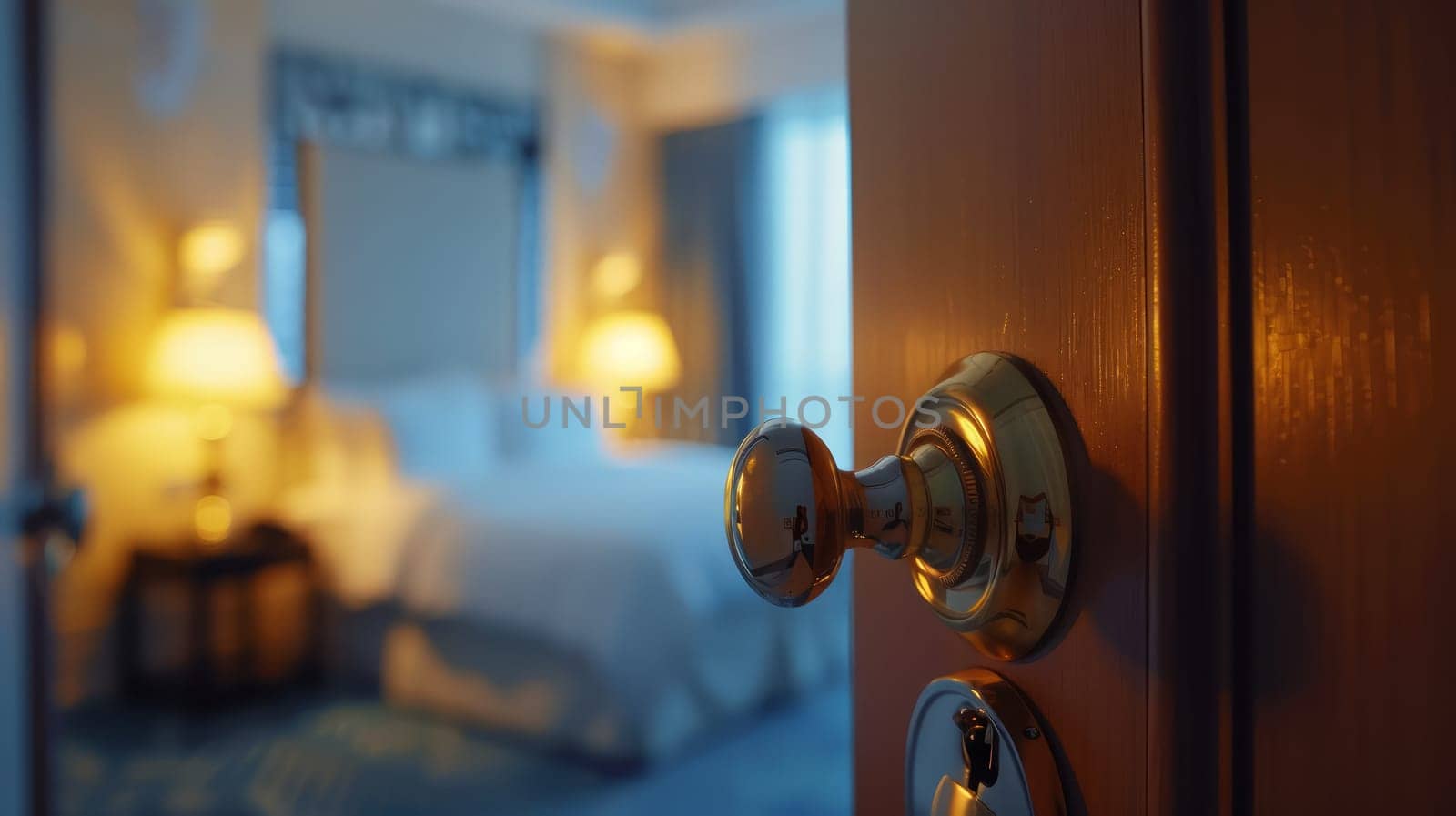 A door to a bedroom with bed and lights on in the background .