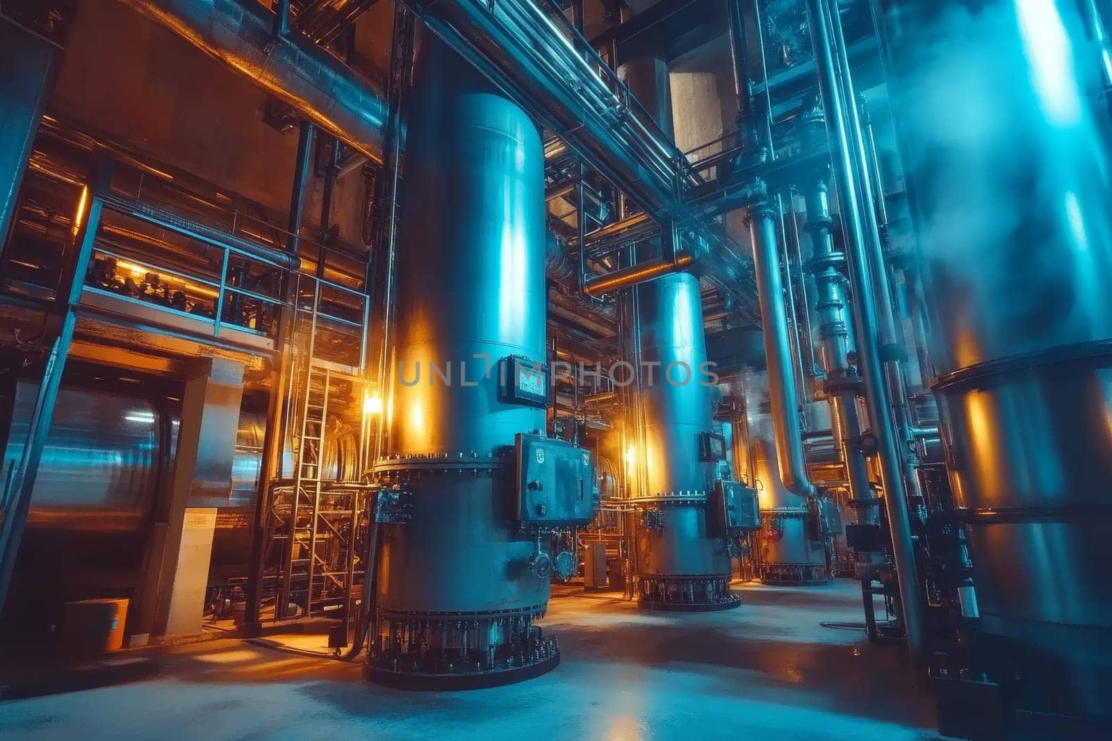 Futuristic interior of industrial facility with blue-lit tanks, pipes, and equipment against warm lighting.