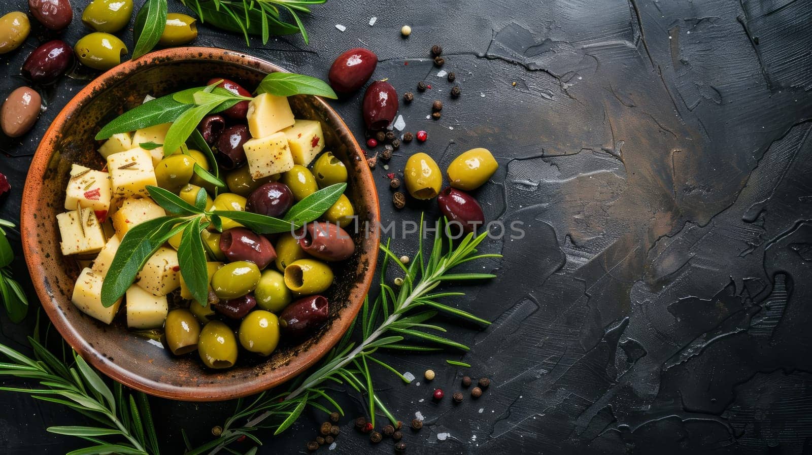Bowl of olives and cheese with herbs on a black table with copy space