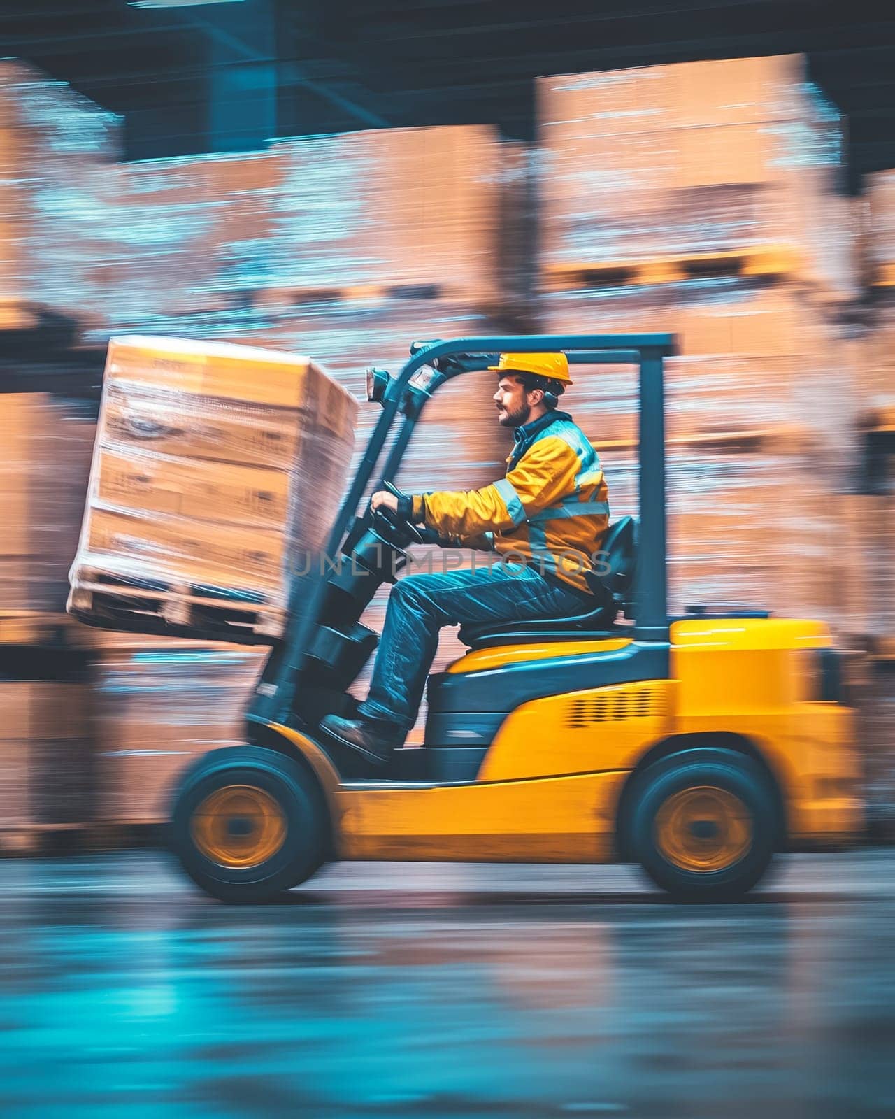 Forklift operator transports cargo in warehouse, captured in dynamic motion blur.