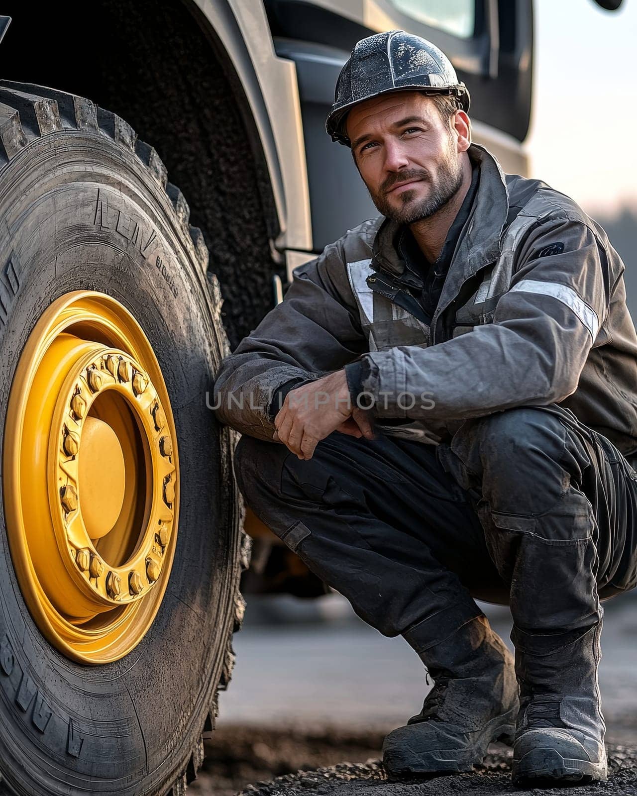 Bearded man in hard hat and safety gear inspects large yellow wheel of industrial vehicle.