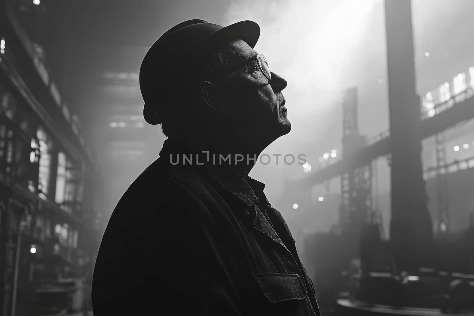 Black and white portrait of an older factory worker in a hat, looking up thoughtfully in an industrial setting.