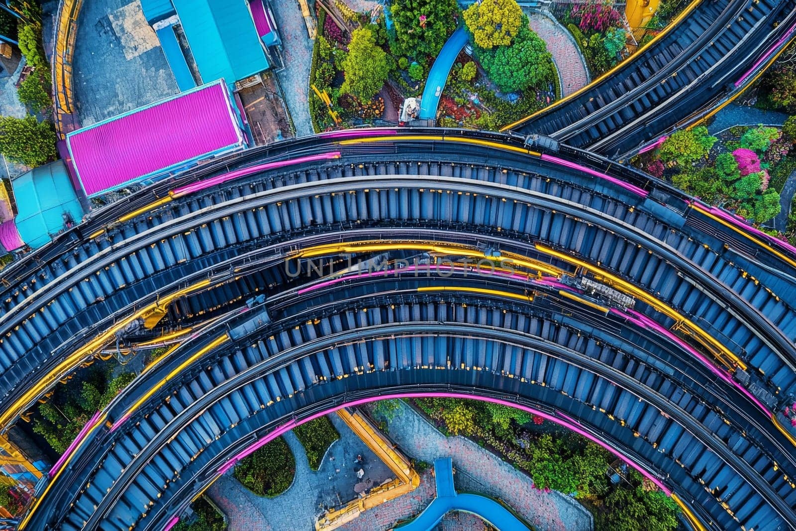 Vibrant roller coaster tracks intertwined with lush greenery, viewed from above, showcasing amusement park design.