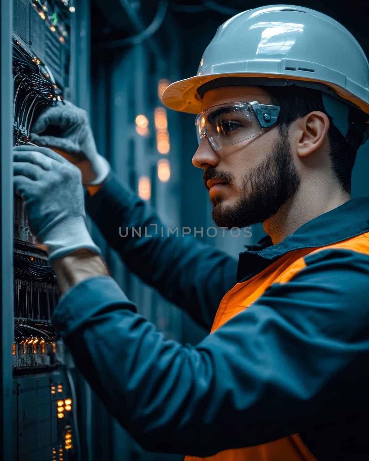 Close-up of a bearded technician wearing safety gear while examining network equipment in a data center.