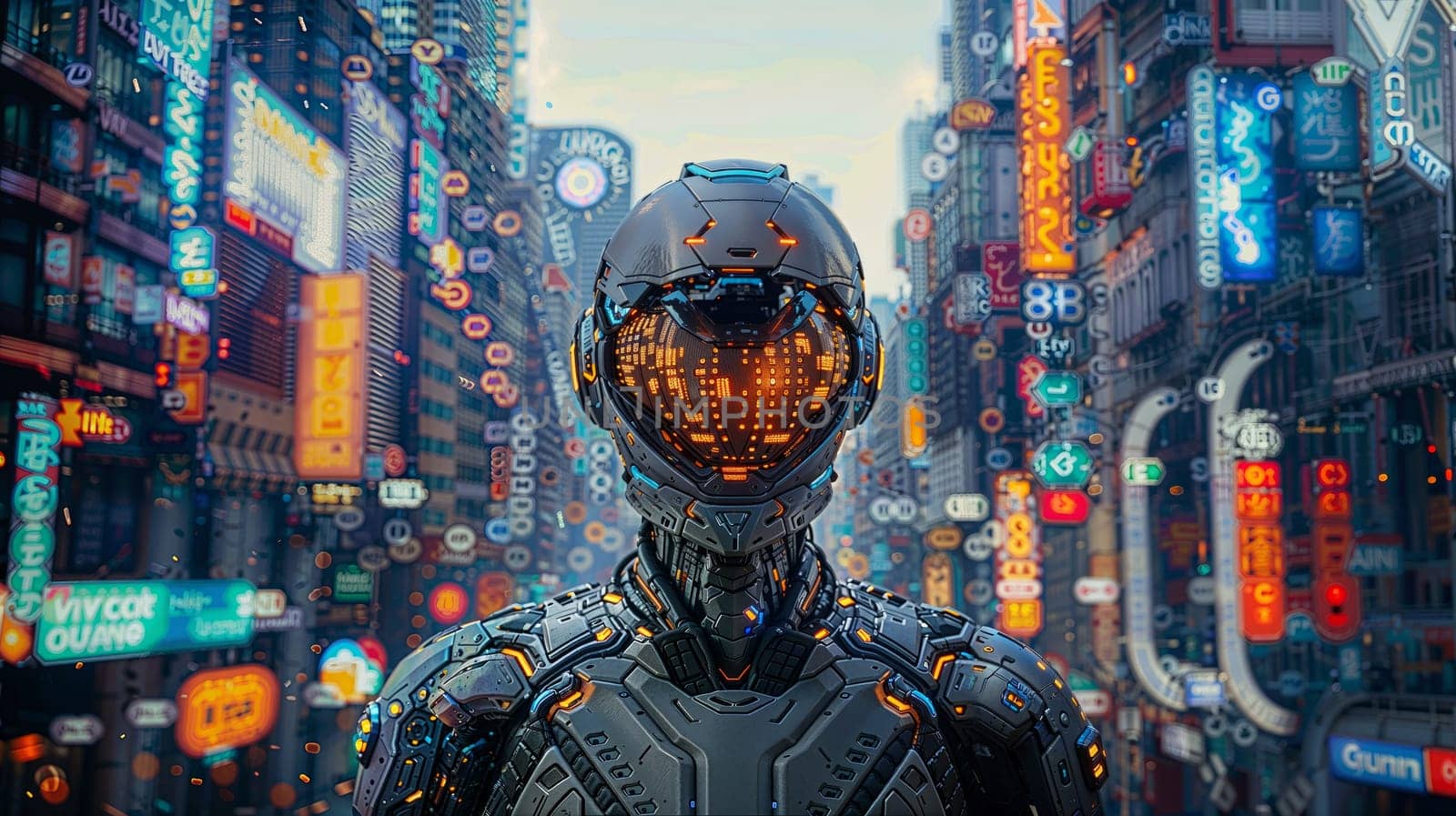 Futuristic robot standing in front of a blurry image of a city with neon lights