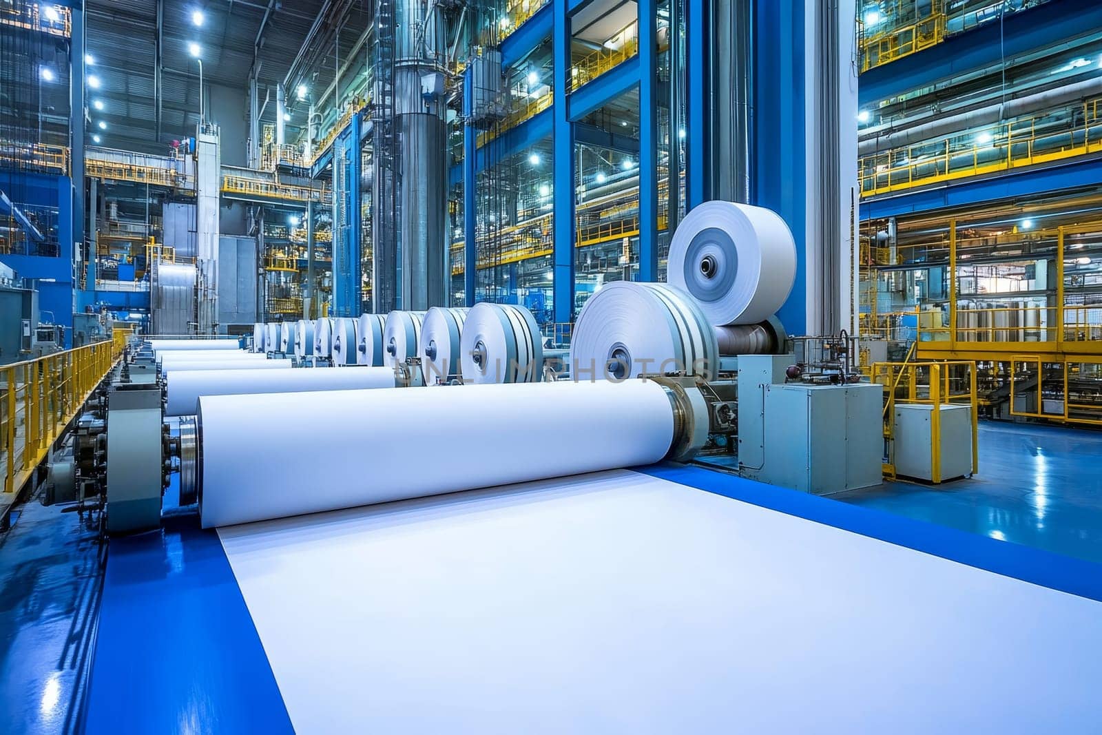 Rows of large white paper rolls in a high-tech manufacturing plant with blue and yellow accents.