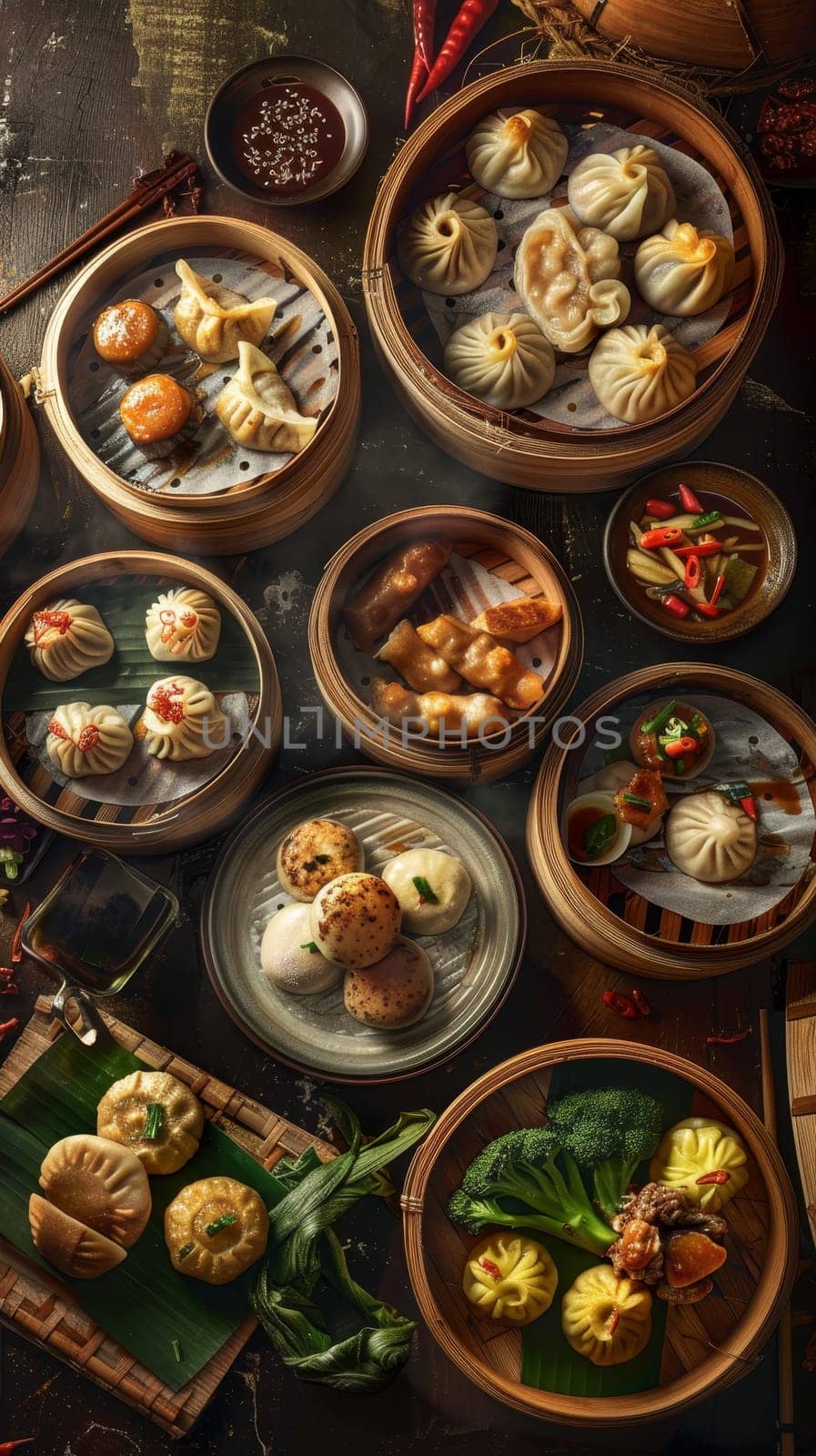 A variety of dim sum in bamboo steamers, beautifully arranged on a wooden table with garnishes