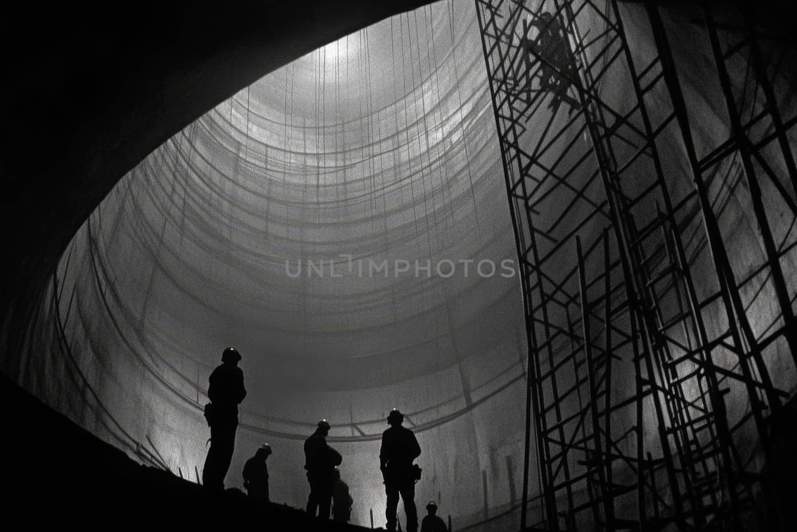 Silhouettes of construction workers inside massive curved structure with dramatic lighting and scaffolding.