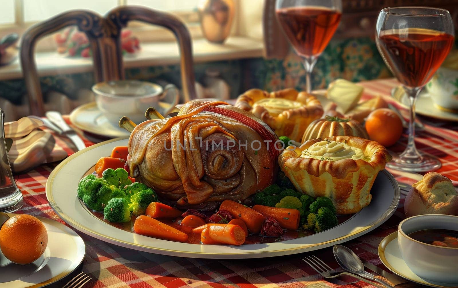 A festive dinner table set with a roasted meat centerpiece, vegetables, bread, wine, and lit candles