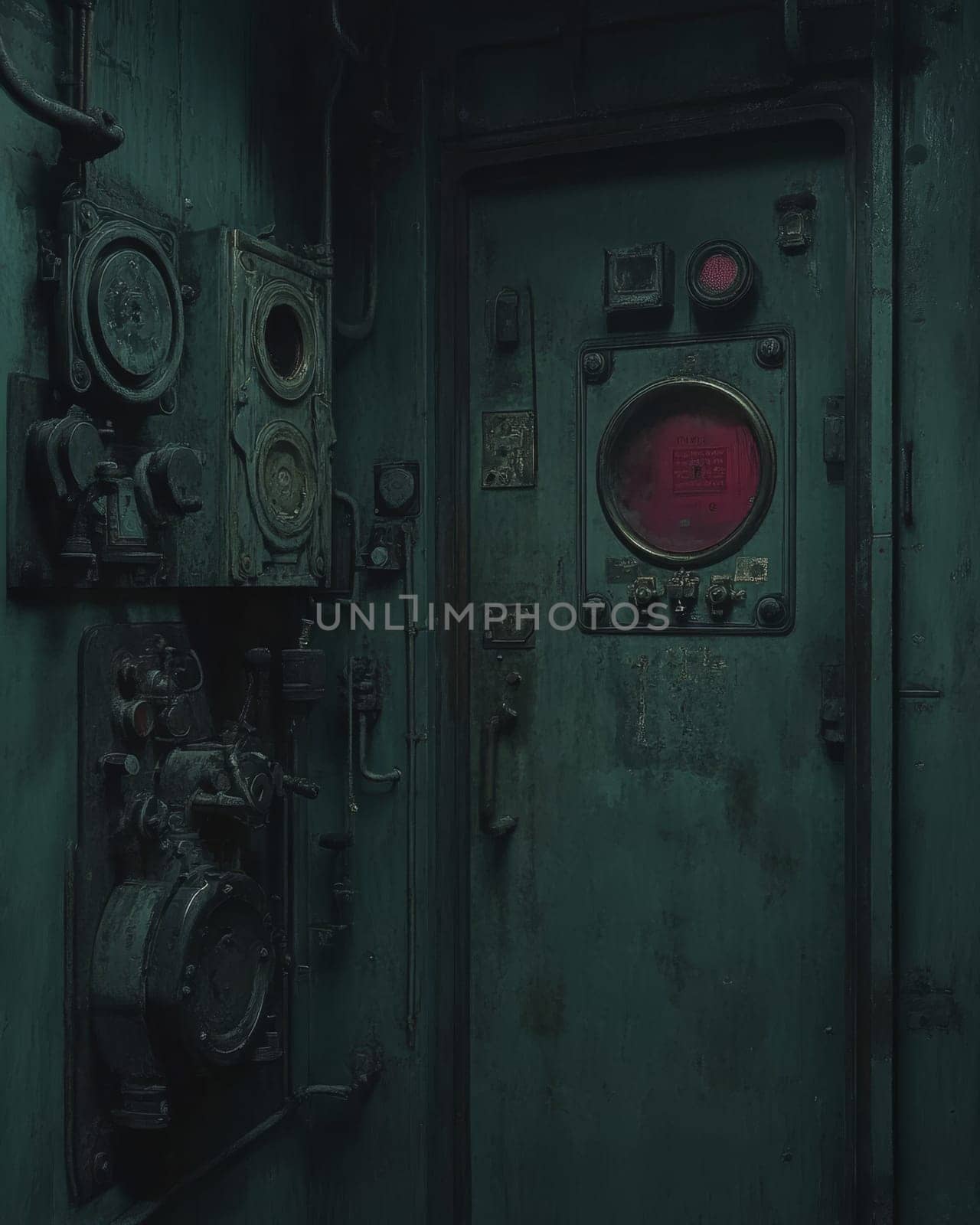 Dark green control room with vintage industrial panels and mysterious red lights, creating an atmospheric scene.