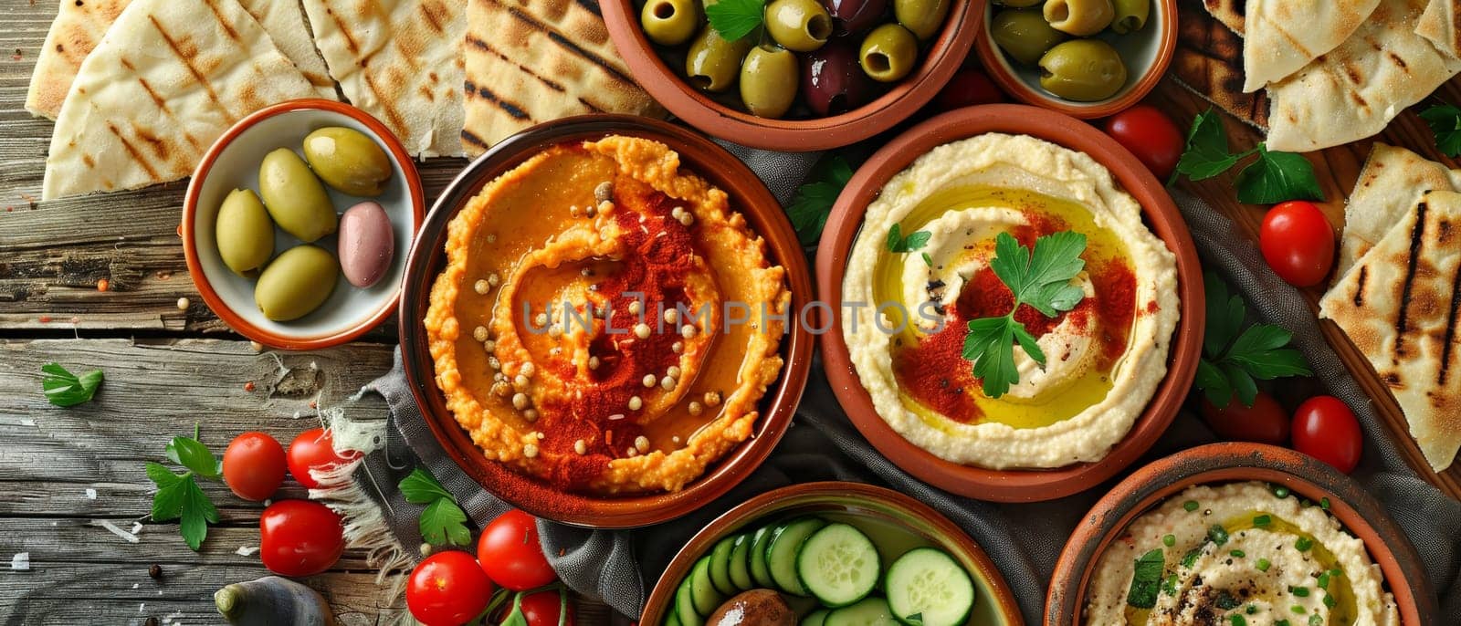 A round bowl of hummus sits on a worn wooden table. A light dusting of paprika and a drizzle of olive oil garnish the smooth surface of the hummus