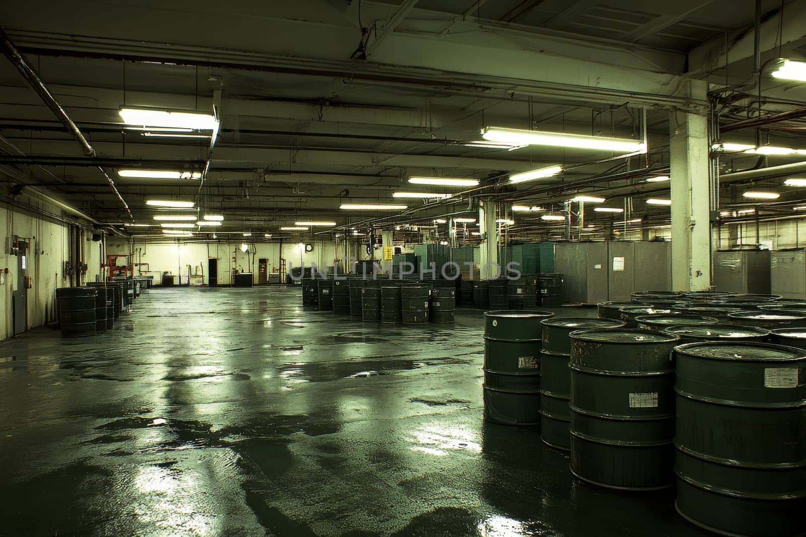 Large industrial warehouse with rows of metal oil drums and fluorescent lighting, portraying storage and distribution facility.