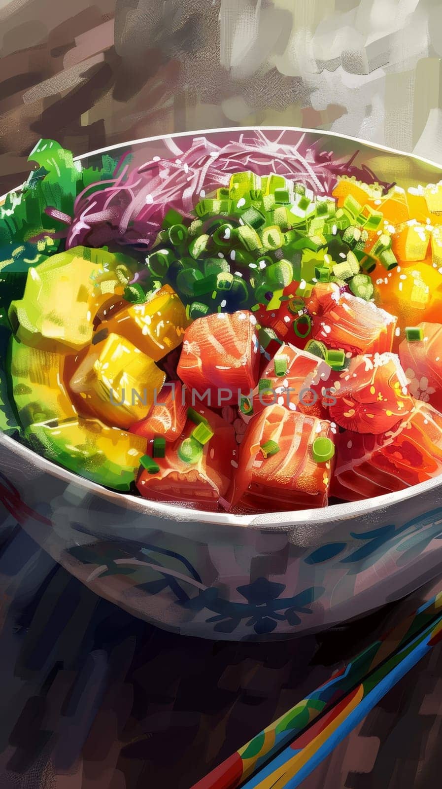 A steaming bowl filled with fluffy white rice and a colorful assortment of chopped vegetables