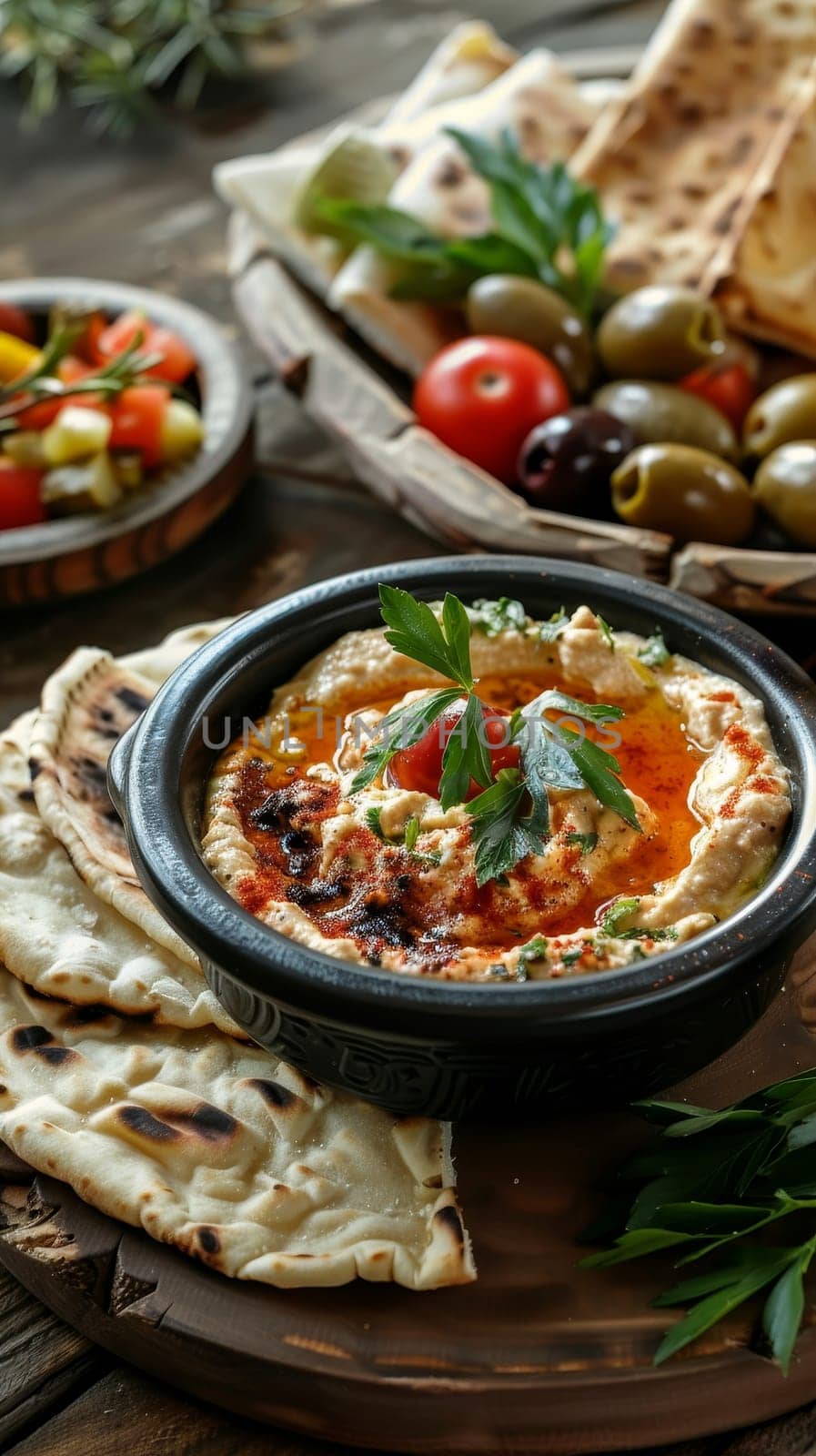 A round bowl of hummus sits on a worn wooden table. A light dusting of paprika and a drizzle of olive oil garnish the smooth surface of the hummus