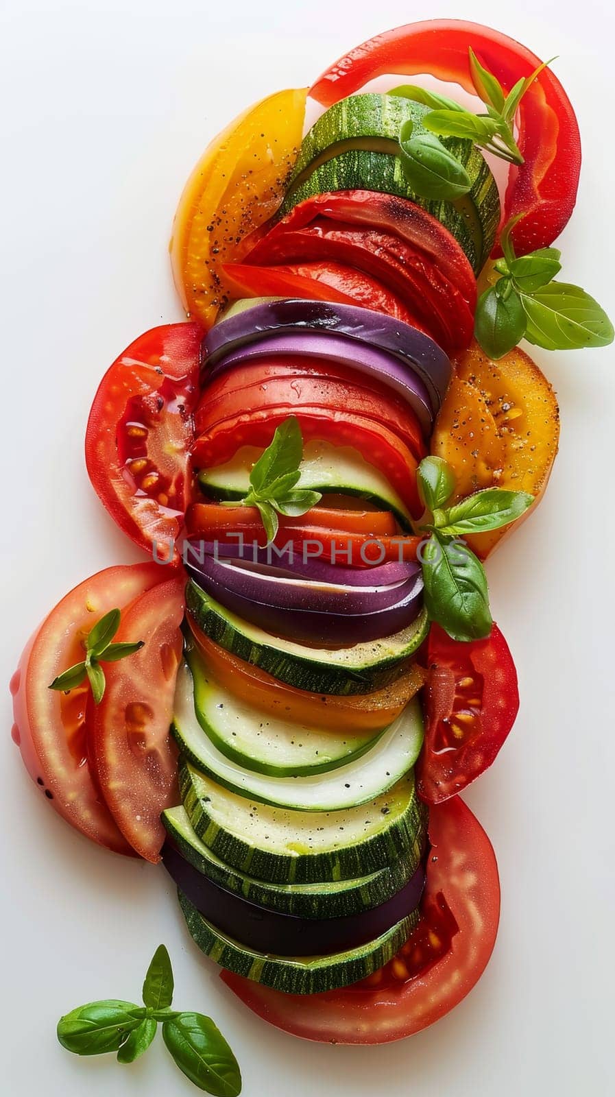 Freshly sliced colorful vegetables arranged in a row, garnished with herbs on a white background
