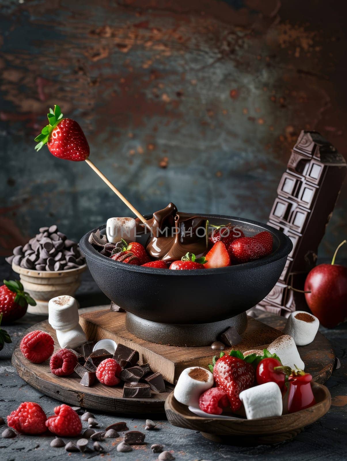 A pot filled with melted chocolate fondue sits in the center of a table. Around the pot are skewers with strawberries, marshmallows, and banana slices for dipping
