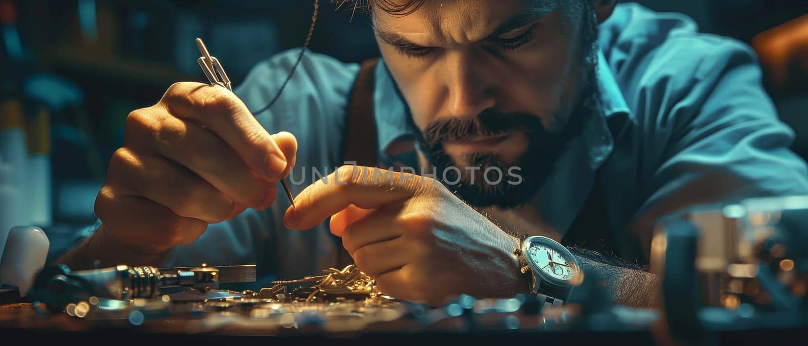 A close-up of a watch repair technician meticulously working on a pocket watch. The technician wears a white glove and uses a small screwdriver to manipulate a tiny screw on the watch mechanism