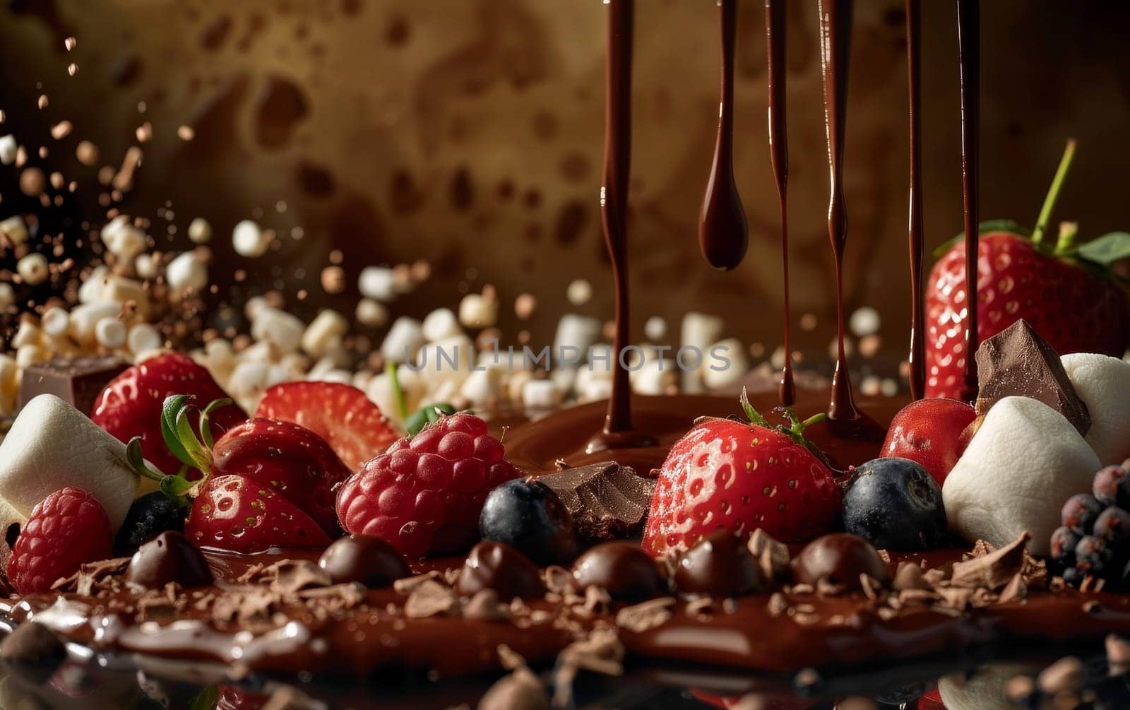 Close-up of chocolate-covered strawberries, raspberries, blueberries, and marshmallows on a stick