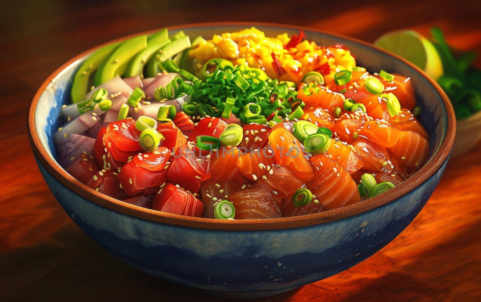 Colorful poke bowl with fresh vegetables, tuna, salmon, and garnishes