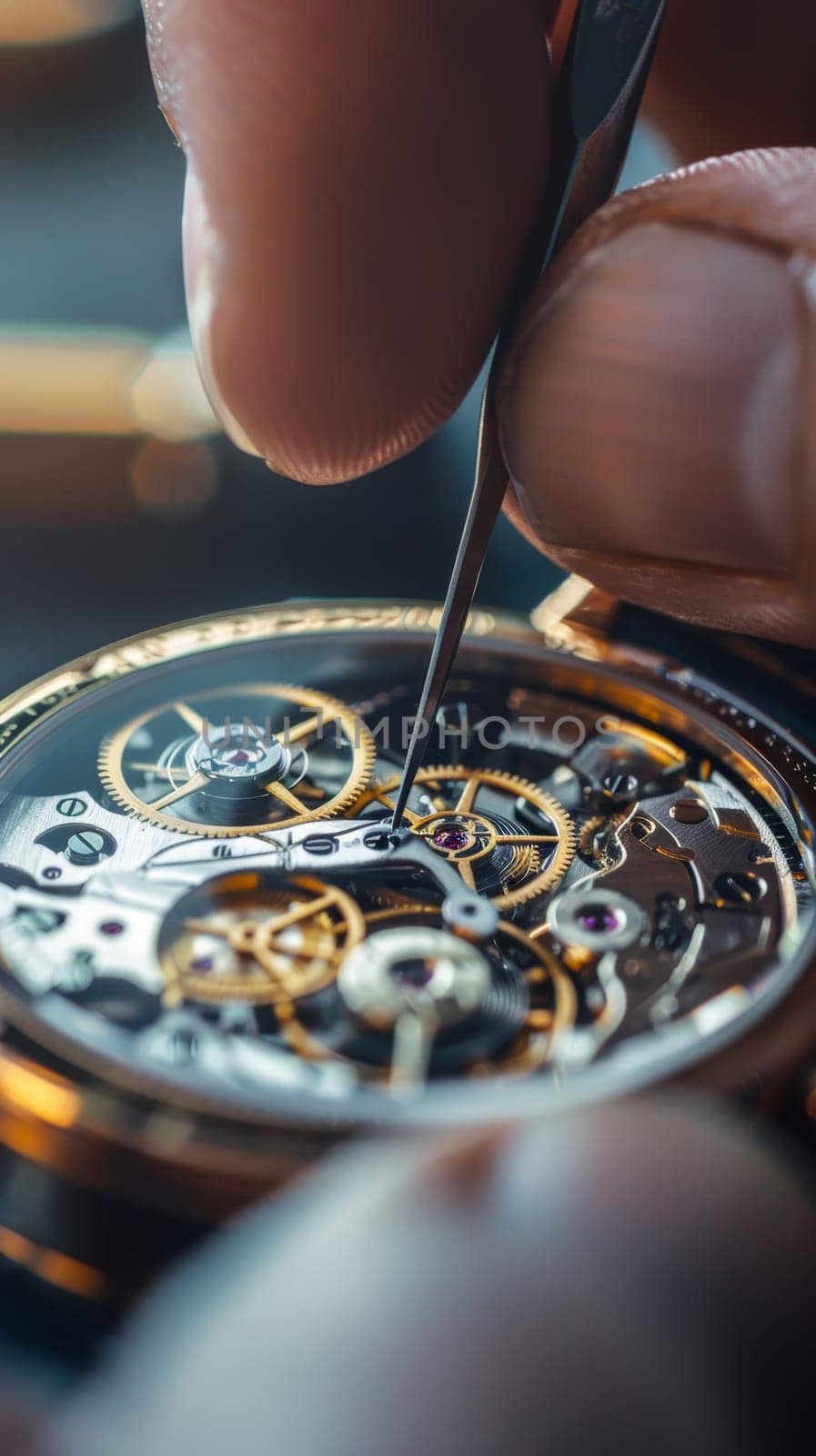 Close-up of a skilled watchmaker repairing the intricate parts of a luxury mechanical watch