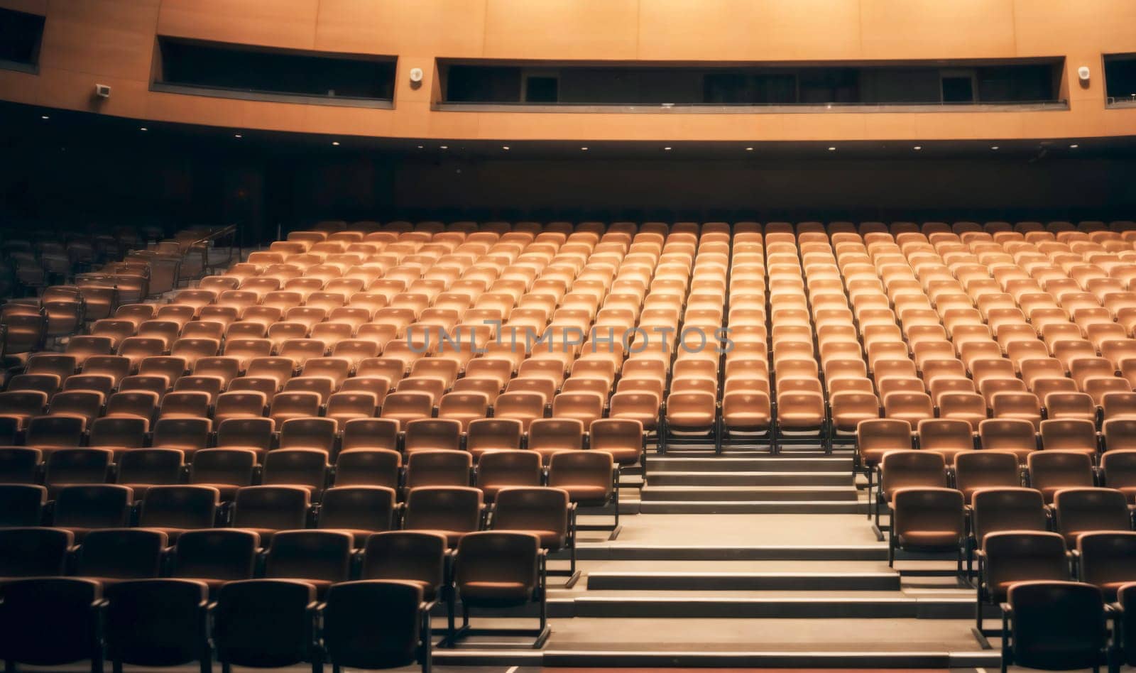 A view of rows of empty theater seats inside a modern auditorium, with soft lighting and a calm, quiet atmosphere, representing culture and performance spaces