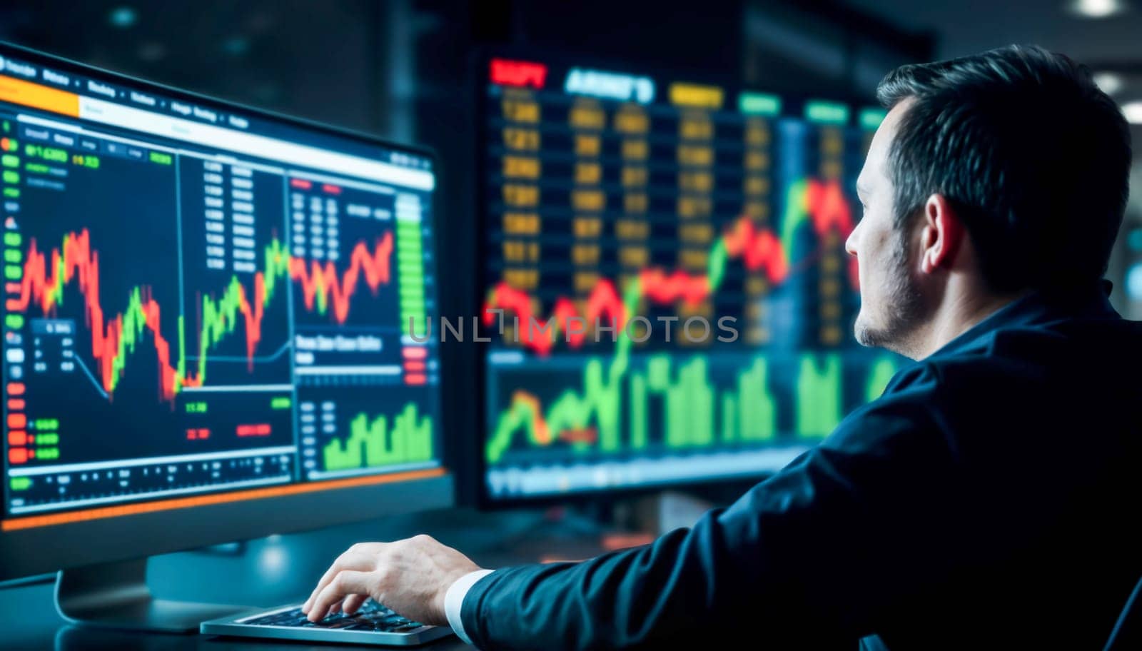 A trader is analyzing real-time financial charts on multiple monitors in a modern office, focusing on stock market data and price movements, representing finance and investment.