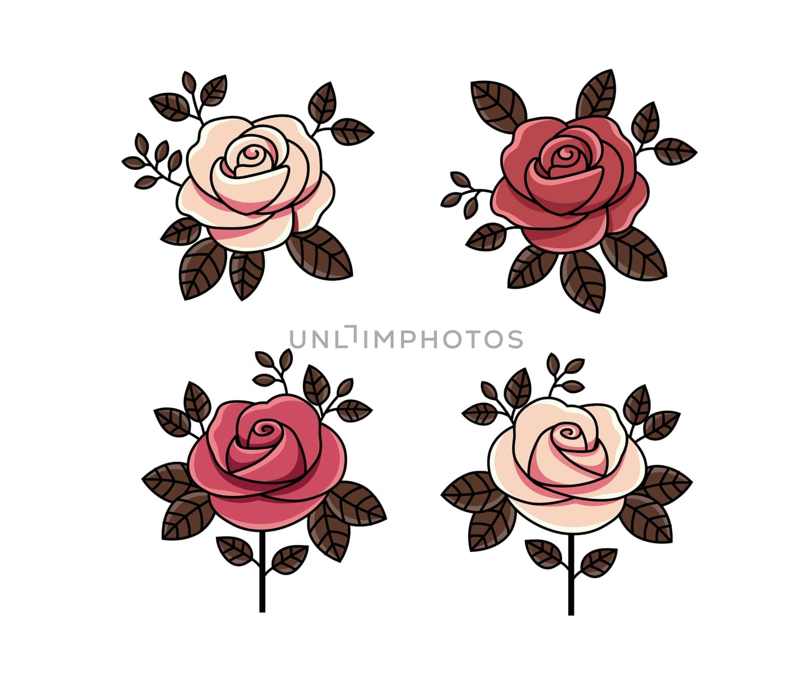 Vector outlines hand drawn red roses flower collection