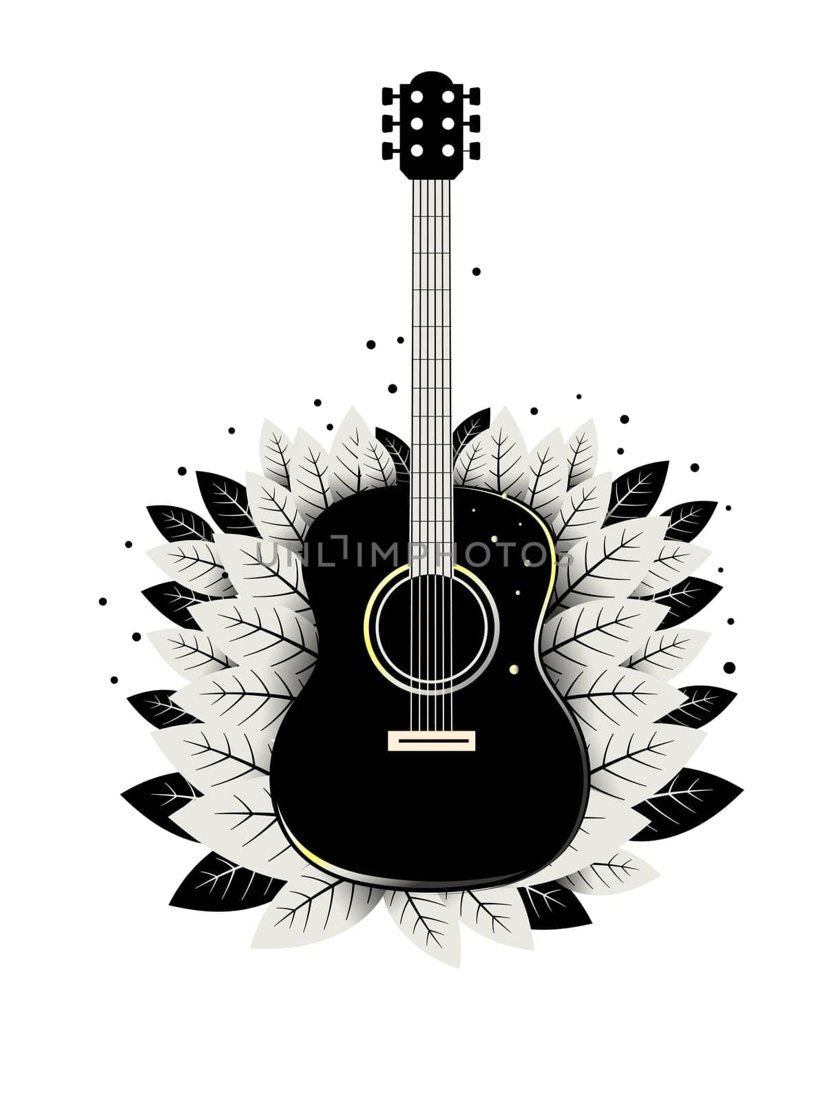 Guitar with leave hand drawn vector illustration, nature symphony symbol