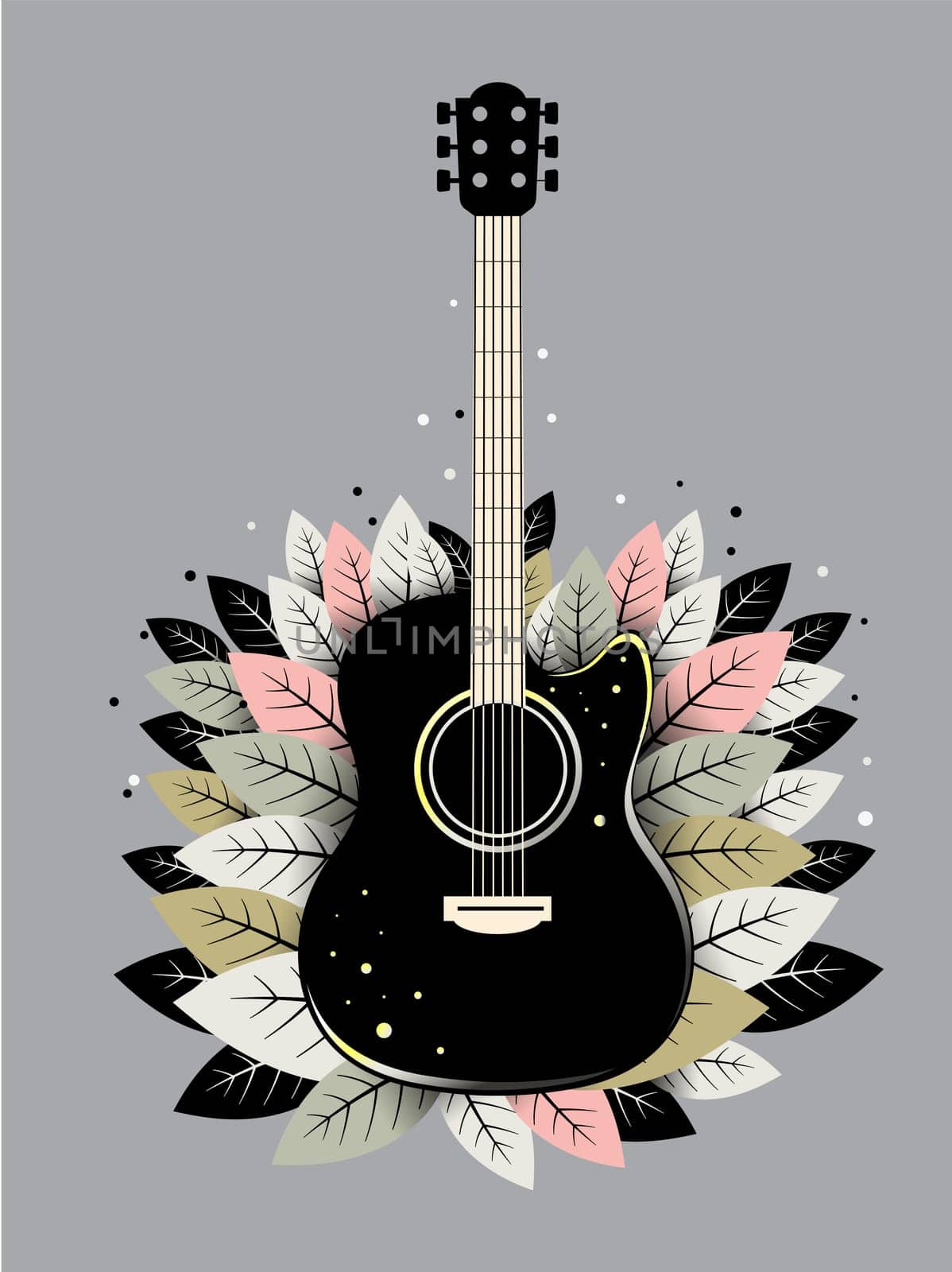 Guitar with leave hand drawn vector illustration, nature symphony symbol