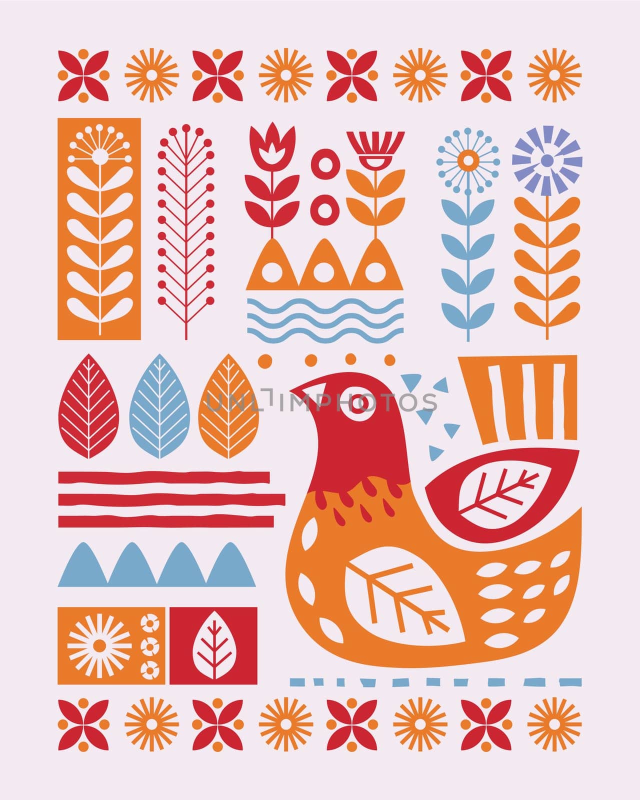 Stylized folk ornament with bird Template for tiles, mosaics, textiles, bed linen, carpet