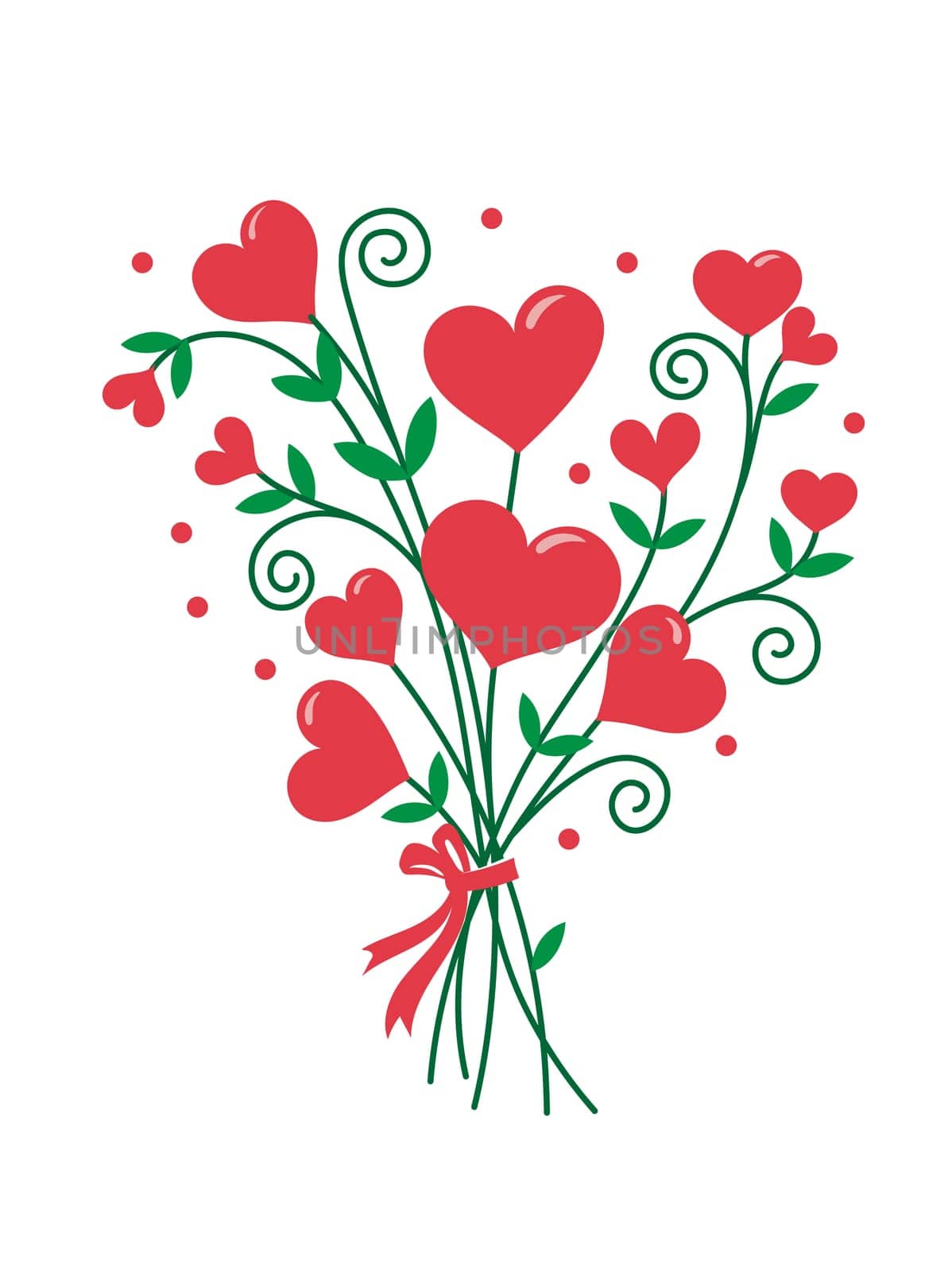 Bouquet of flowers in the shape of hearts with leaves. Valentine Day element. Vector cartoon flat illustration.