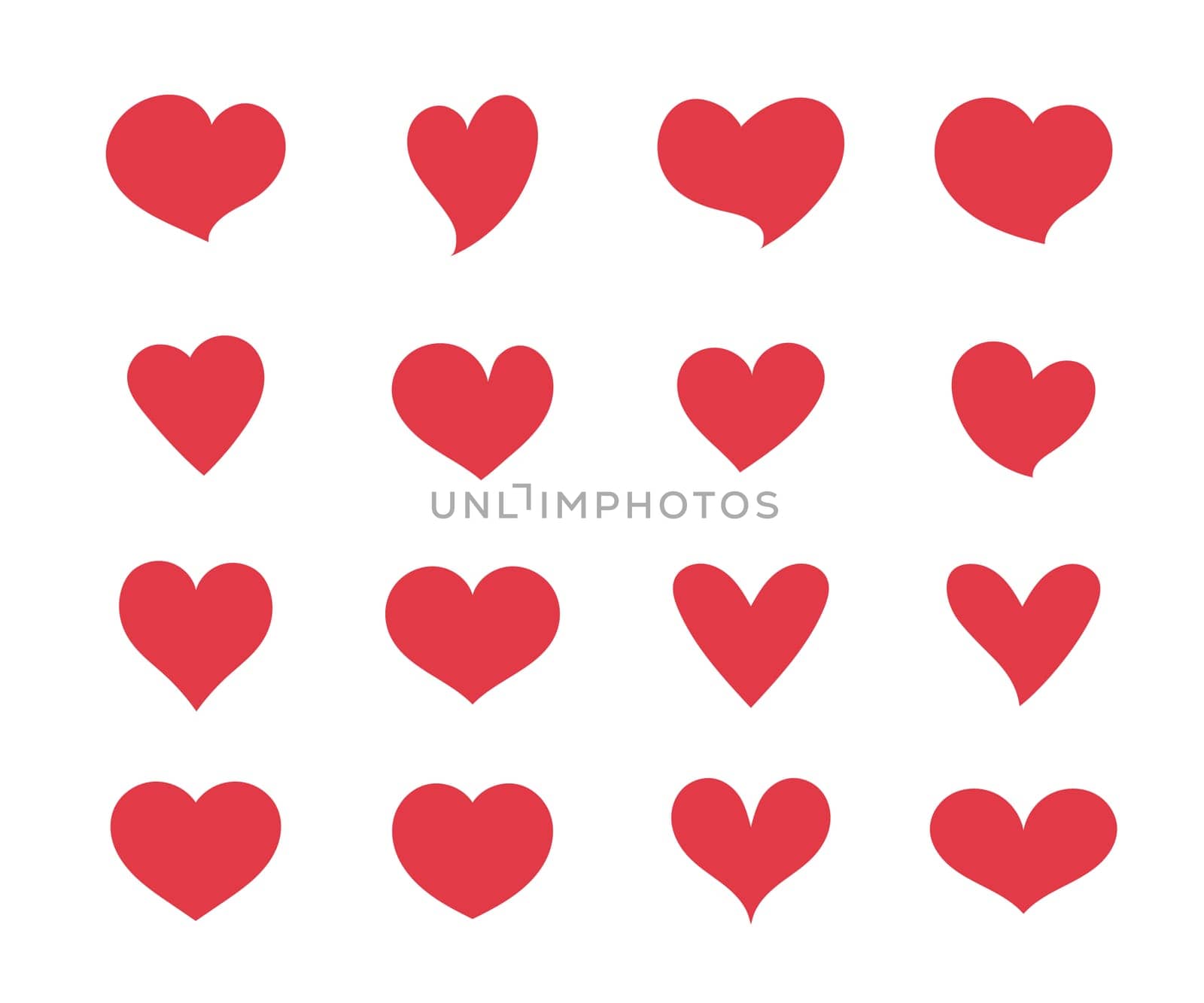 Set red hearts. Romantic symbol of different shapes, flat cartoon icons. Love banner template decorative element for wedding invitation card Stock Vector