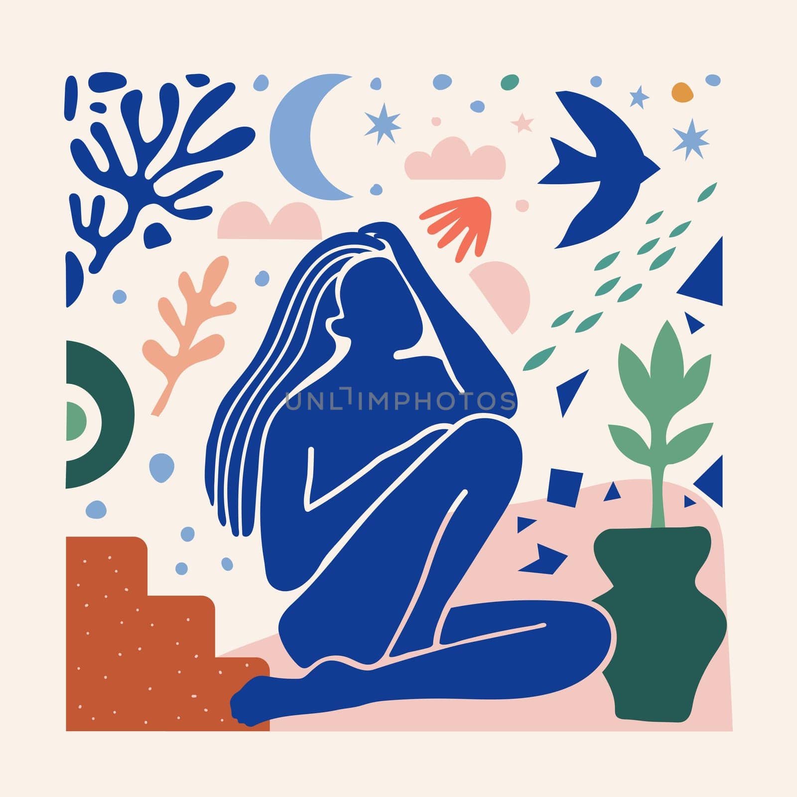 Matisse Inspired Abstract Art with female Figure and Organic Shapes in a trendy minimal style. Vector Collage Background of female body, birds and botanical elements made of cut paper