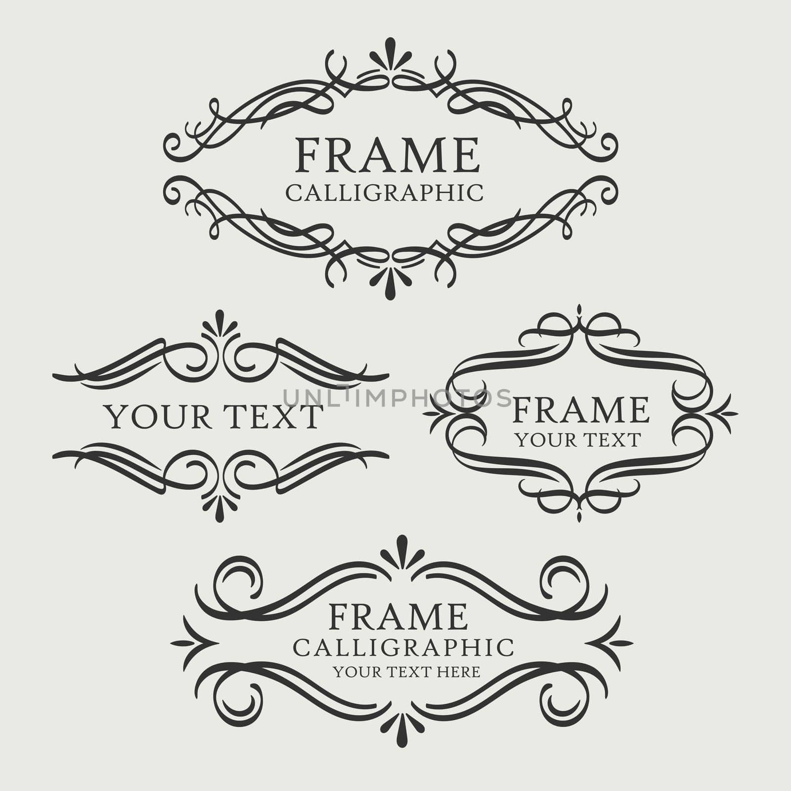 Ornate vintage frames and scroll elements. Classic calligraphy swirls, swashes, floral motifs