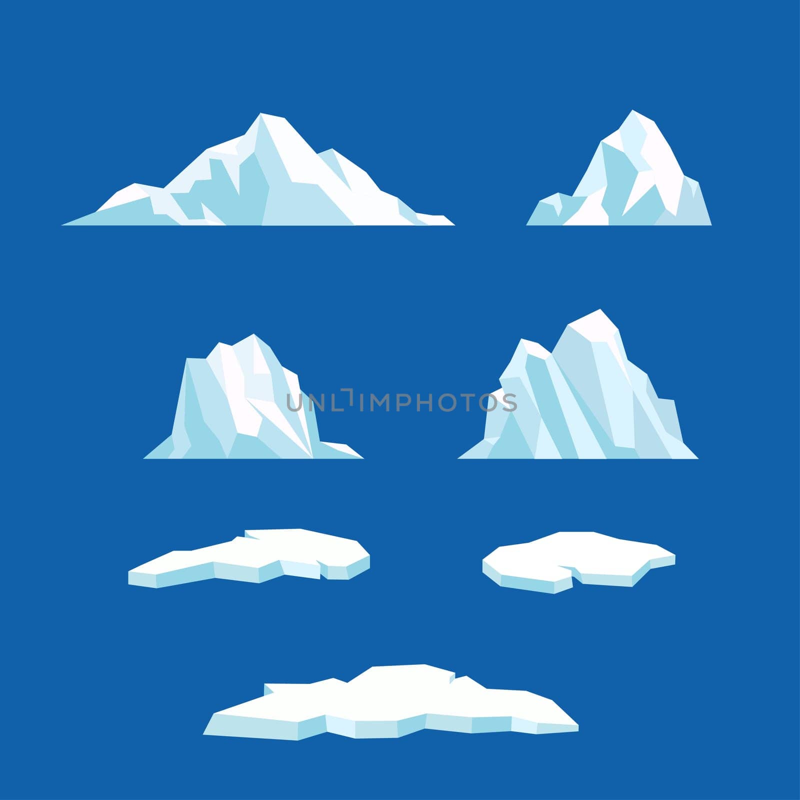 Floating iceberg vector collection, Ice mountain, large piece of freshwater blue ice in open water