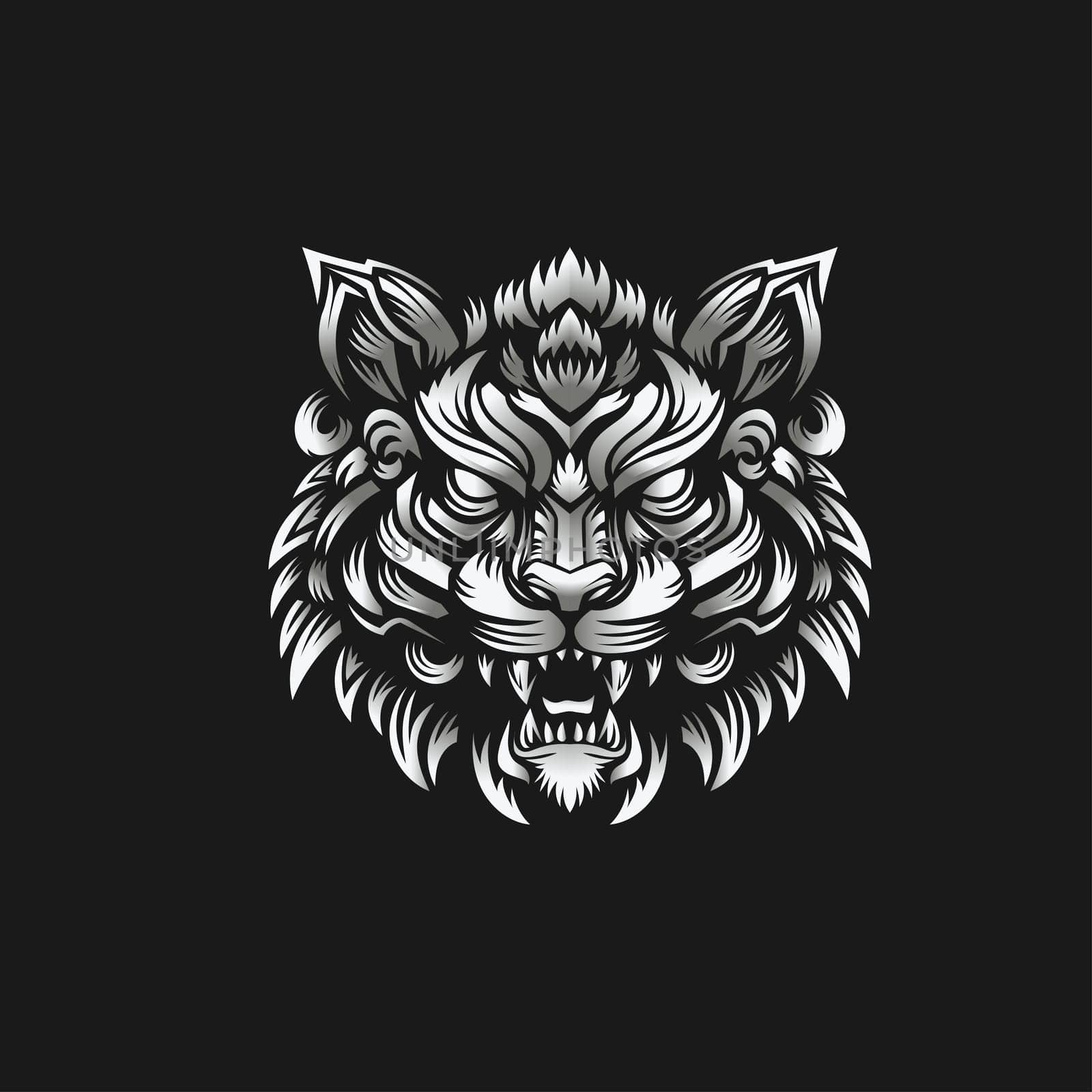 black and white tiger head roaring vector illustration , angry tiger Decorative vector art[