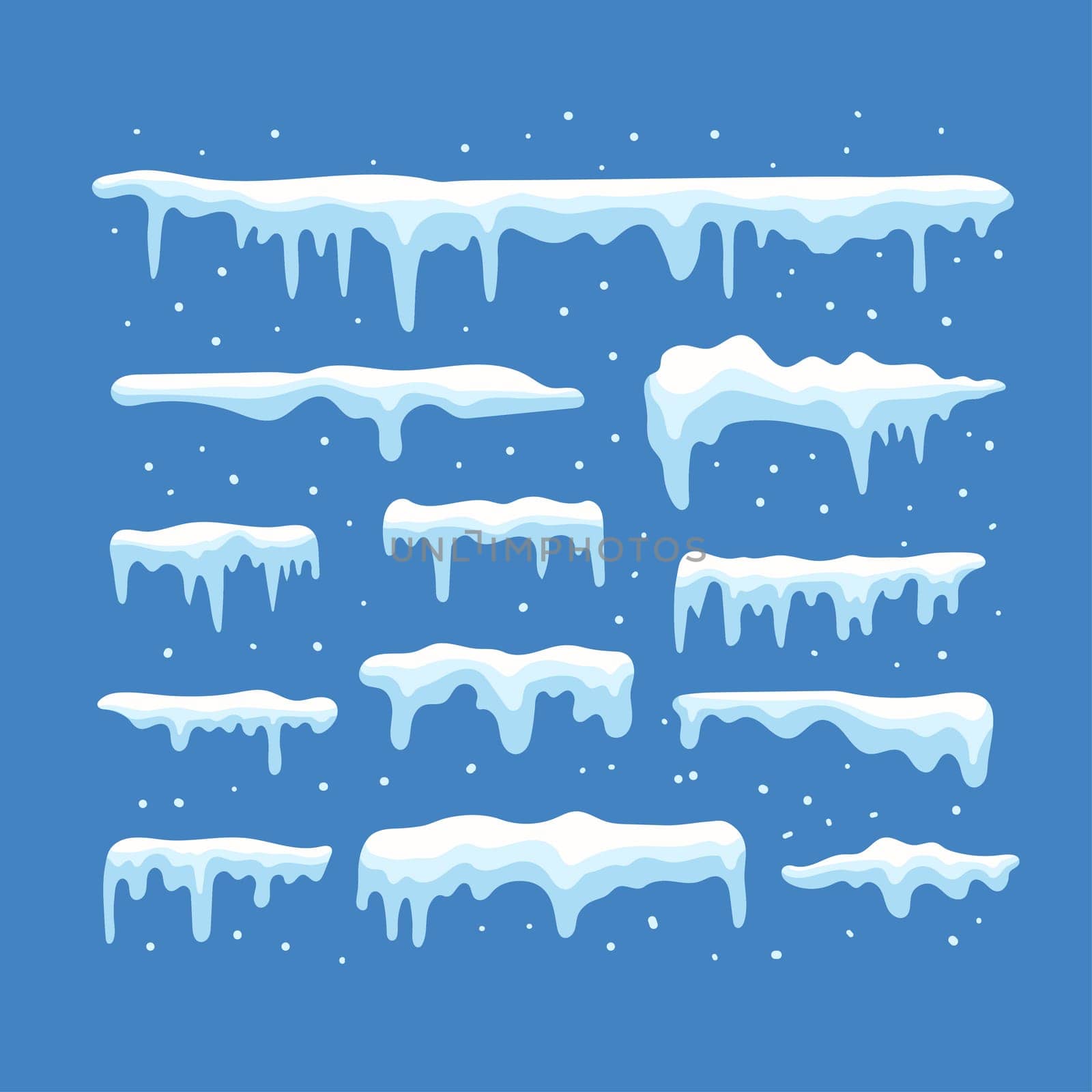 White snow caps, snowball, snowdrifts, snow pile and icicles vector collection, Snowy elements on winter background. Winter elements decorations