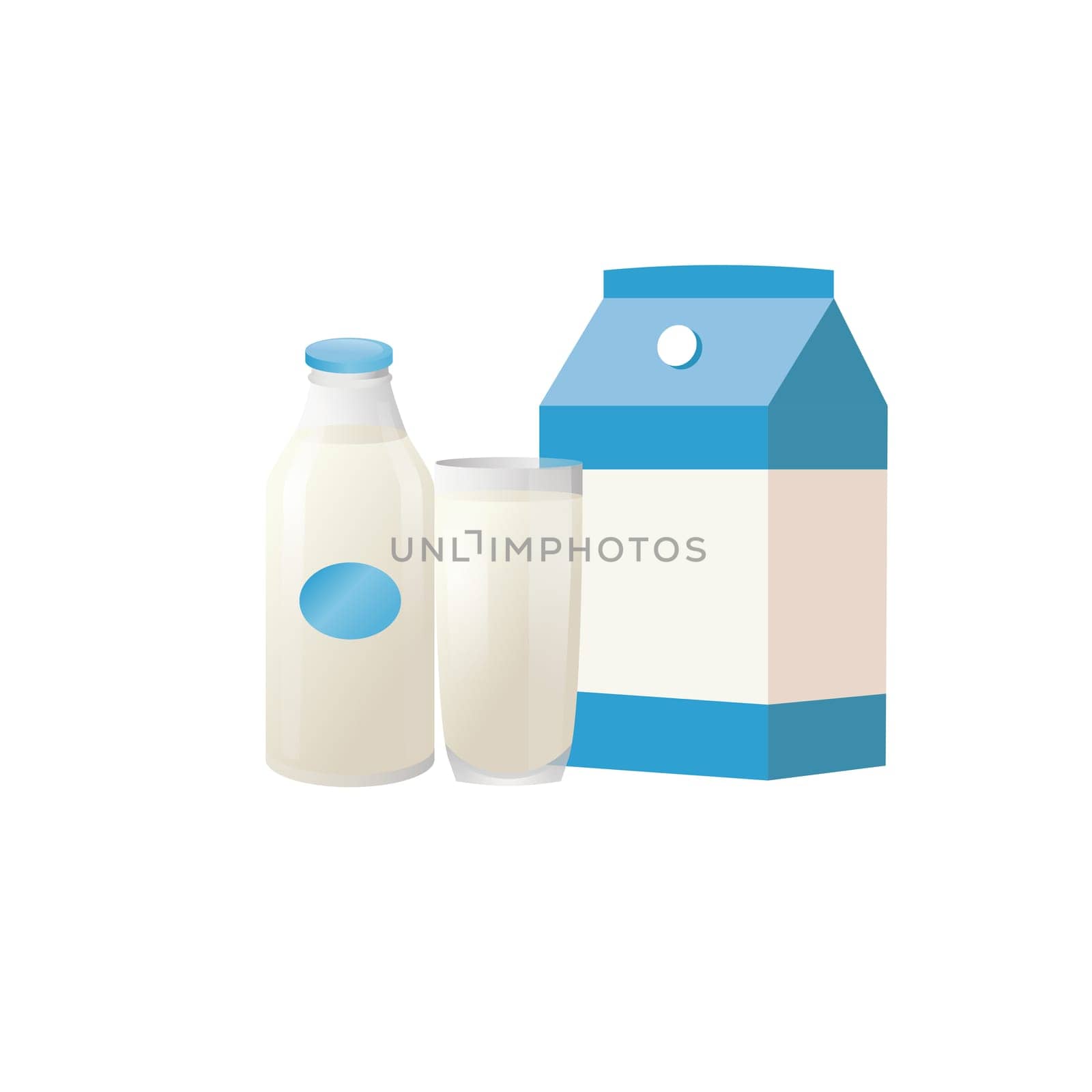 milk pack, glass and bottle of milk icon flat style. Isolated on white background Vector illustration