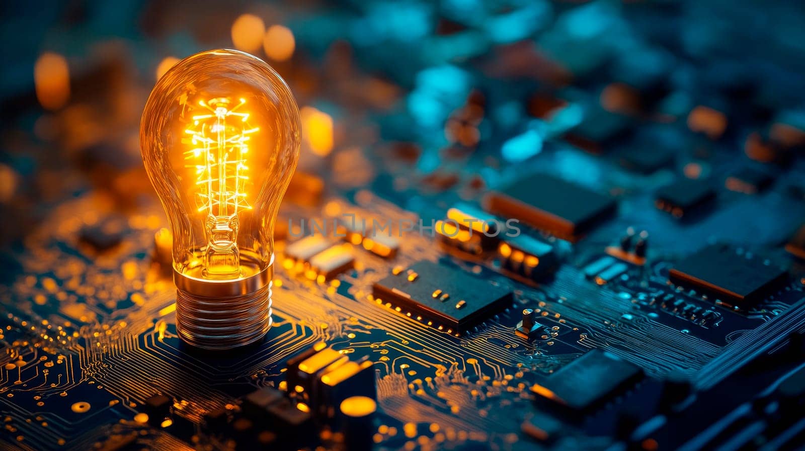 A miniature glowing light bulb on top of computer circuit board. The bulb represents new ideas, innovation, creativity and inspiration. AI generated