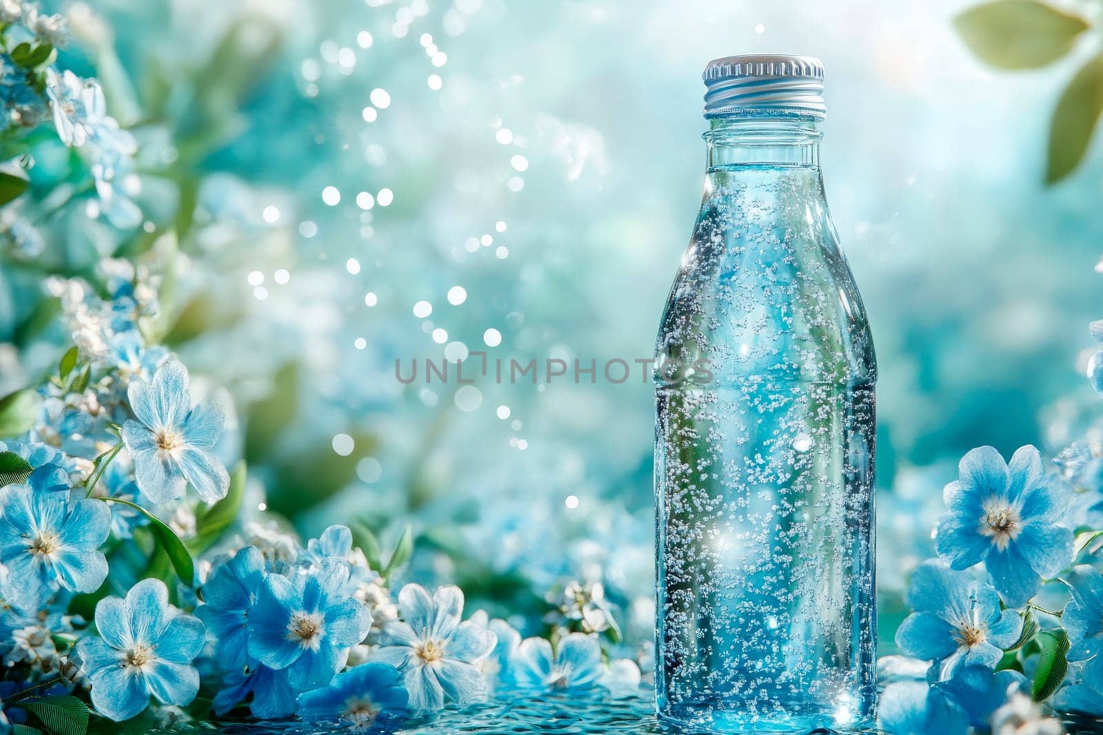 A transparent glass bottle filled with sparkling mineral water, decorated by light blue flowers, set against a background of natural scenery. AI generated