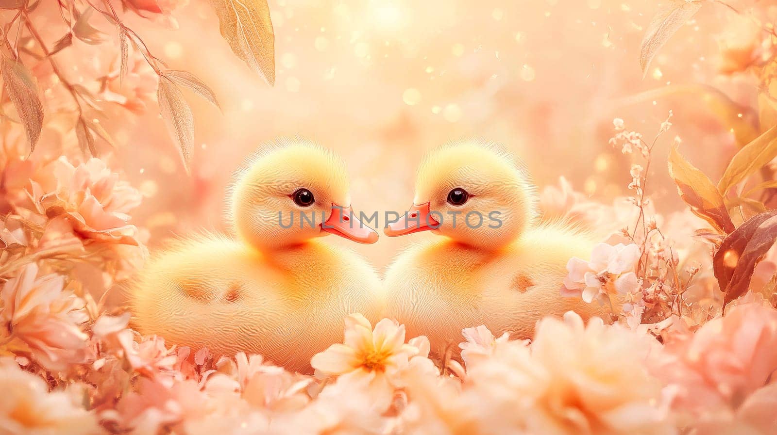Two cute little yellow ducklings sitting in a summer flowers field . AI generated
