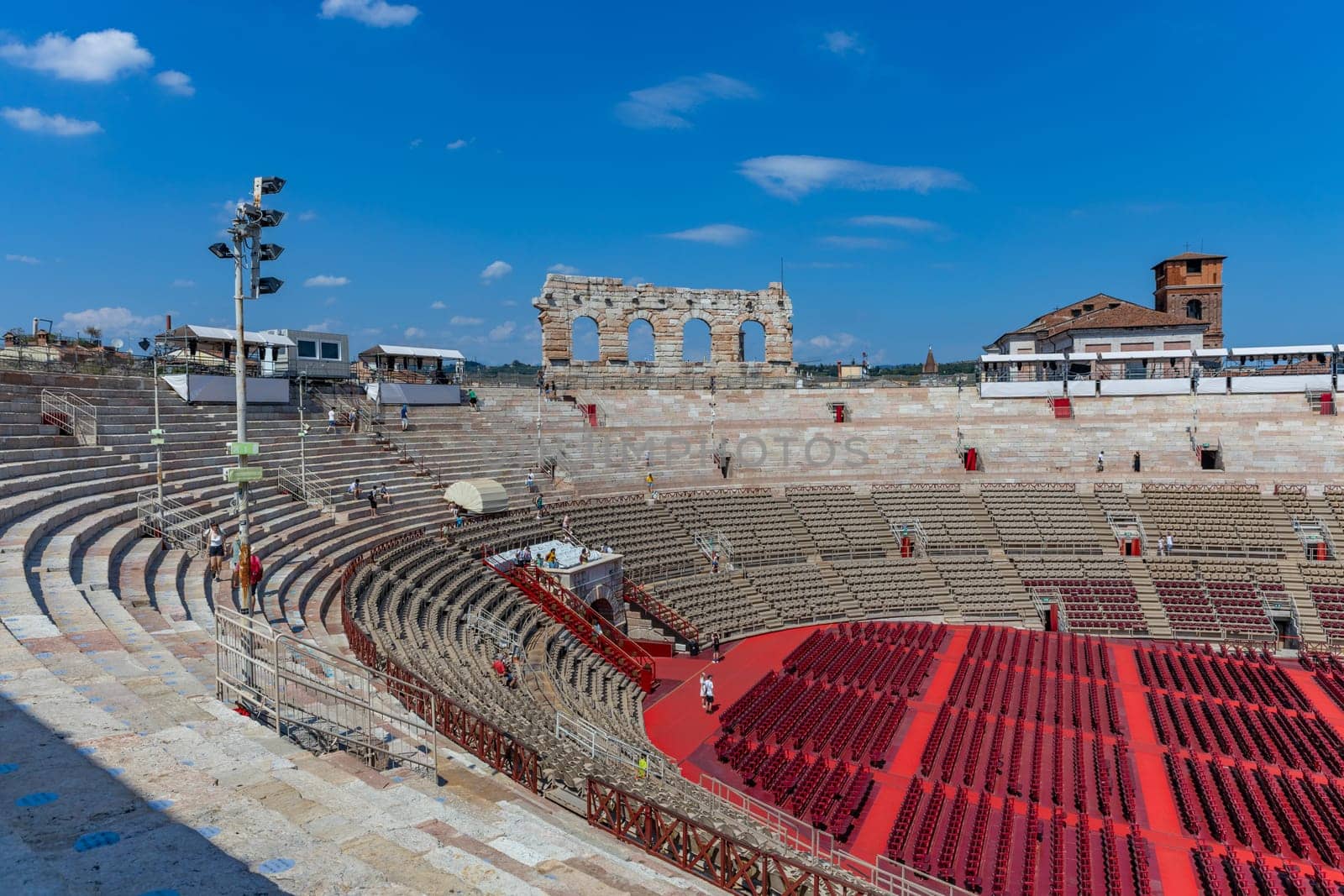 Verona, Italy: July 27, 2024: Preparation for opera show in the arena of Verona. The Verona Arena is a Roman amphitheatre